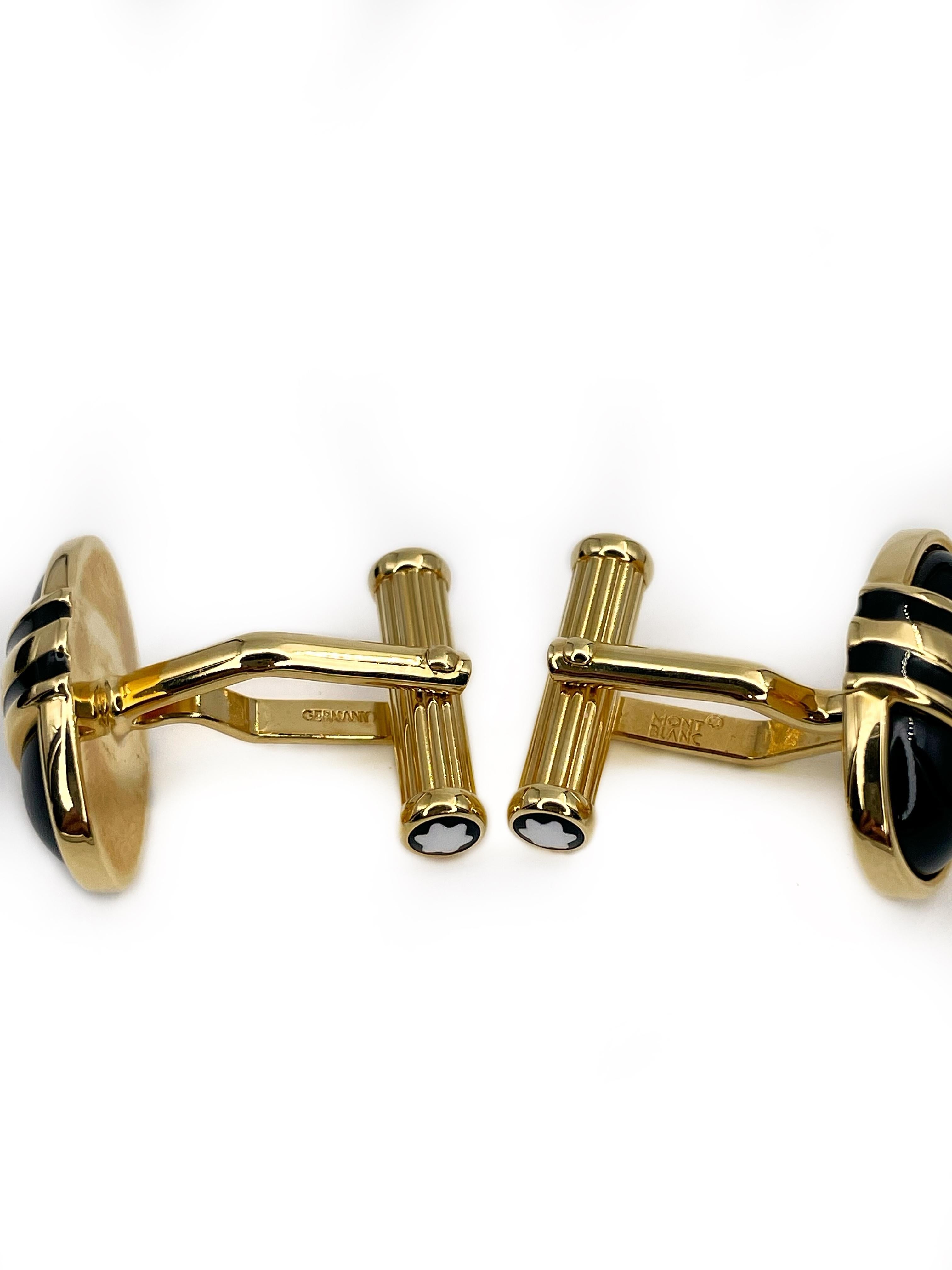Modern Montblanc Meisterstuck Gold Tone Faux Black Onyx Oval Cufflinks