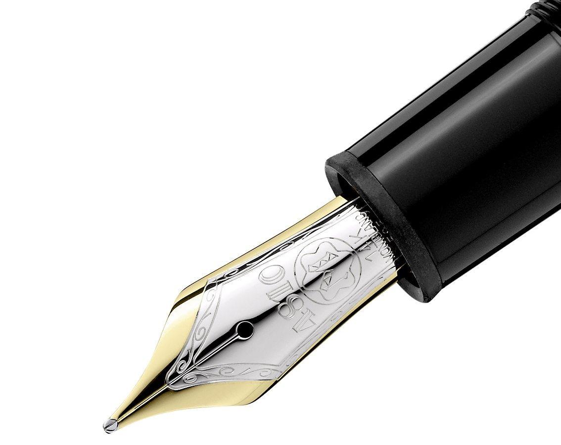 Montblanc 2851 fountain pen. Piston driven - draws ink from a bottle. Beautiful, hand-crafted 14 kt gold nib inlaid with platinum. Jet-black precious resin. Inlaid with Montblanc white star. Three Platinum plated rings with embossed logo. Le Grand