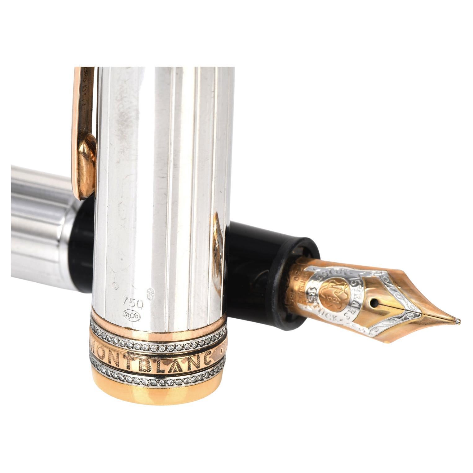 Montblanc Meisterstuck 75th Anniversary Ink Fountain Pen, from 1999.

It is the celebratory edition of 75 years of Passion and Soul from the Meisterstuck Line of Pen.

Large Solitaire 146 in solid 18K Rose & White Gold Pinstriped Design.

Displaying