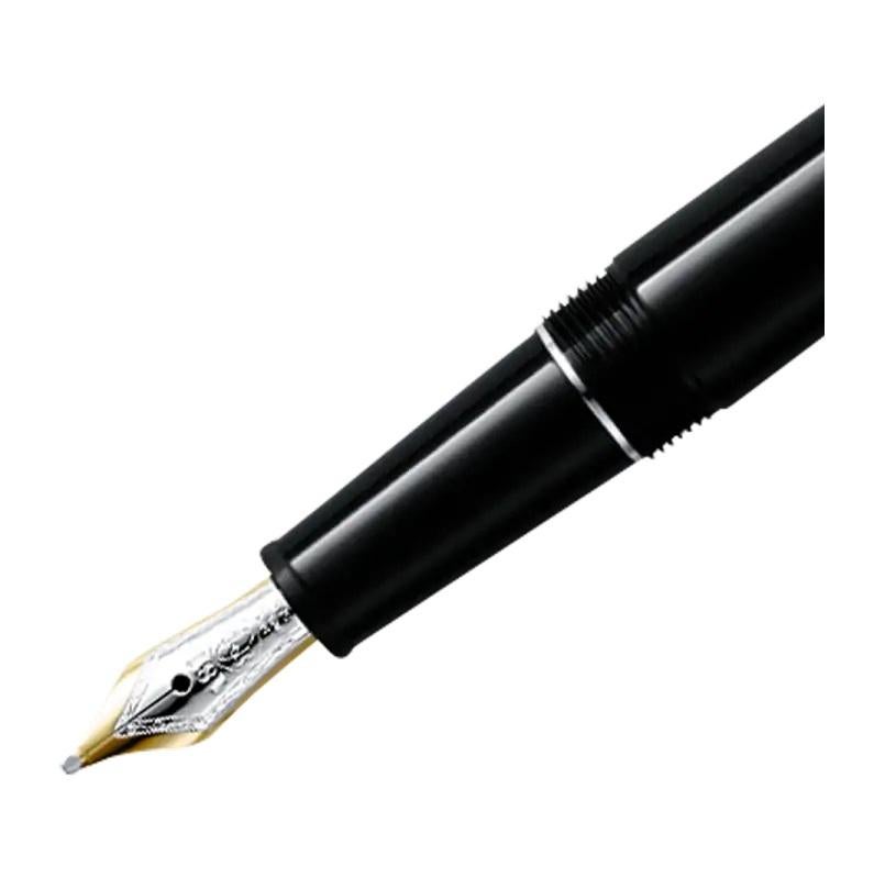 A Montblanc Meisterstuck fountain pen featuring a black precious resin barrel with a black precious resin cap. It features a rhodium-coated 14K gold nib with rhodium-coated inlay. Nib Size: M
106522