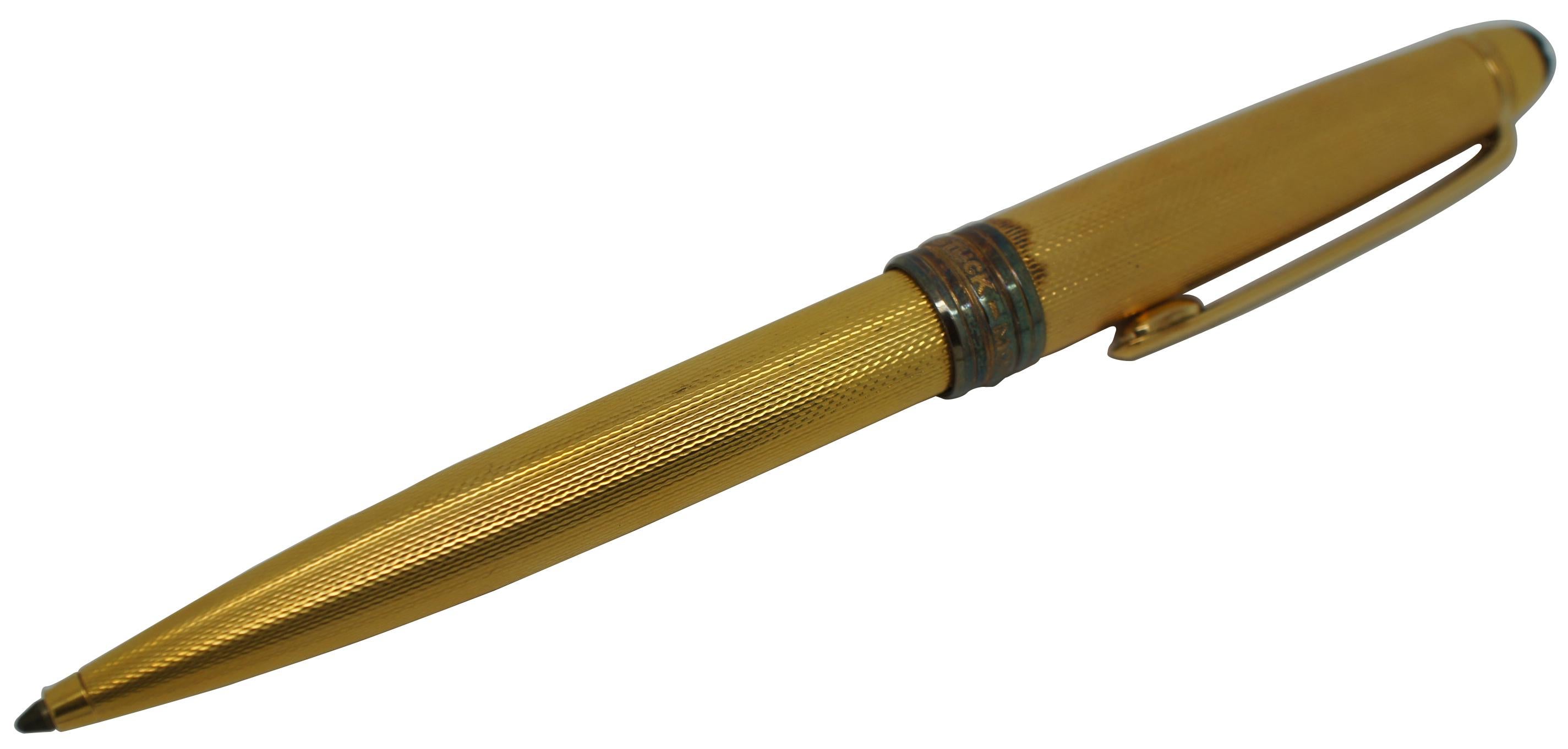 Vintage Montblanc Meisterstuck West Germany Solitaire Barley gold plated ballpoint pen. Serial number GB2022813.
  