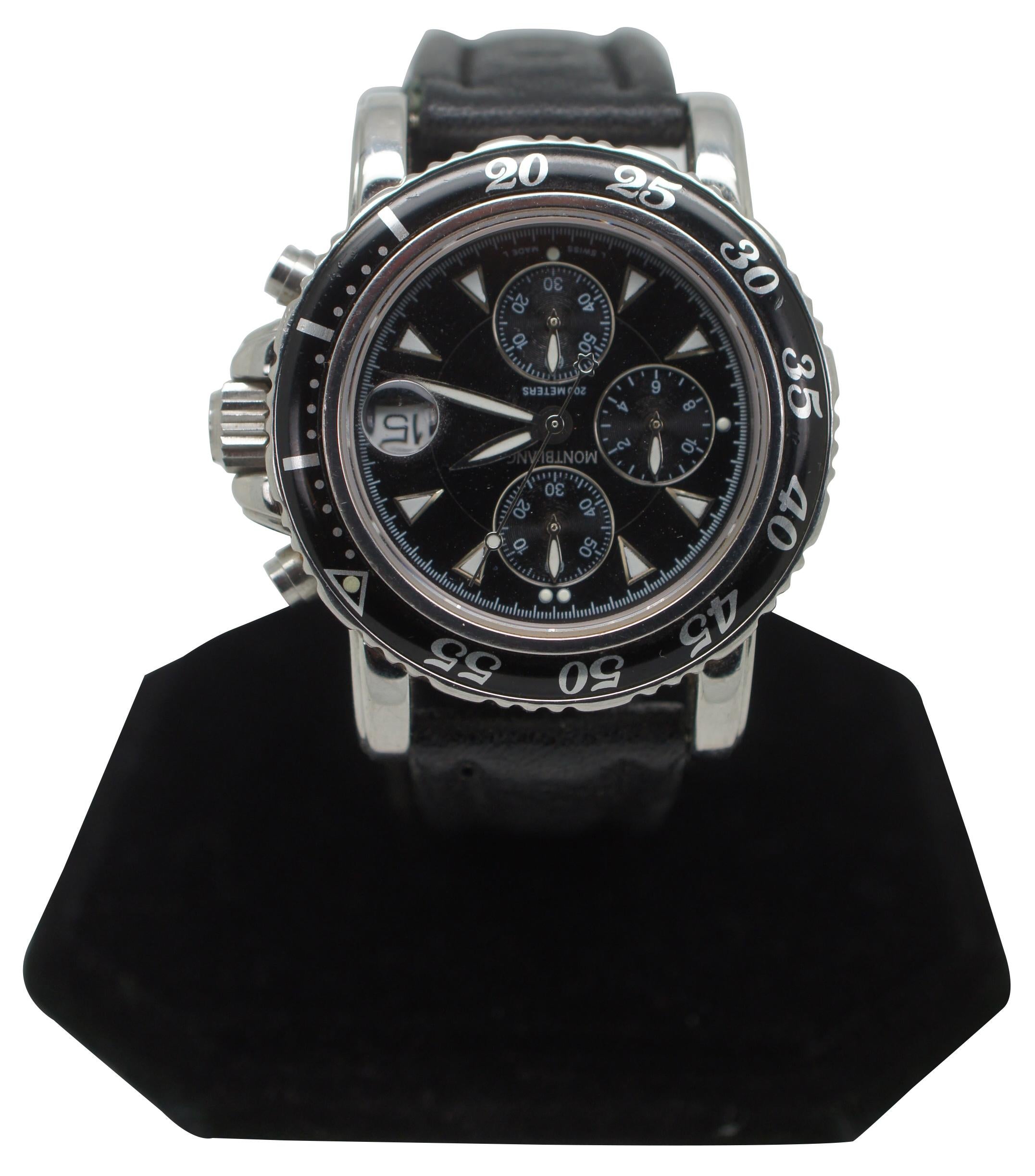 Montblanc Meisterstuck Sport chronograph wristwatch model 7037-PL78948. Features a stainless steel case trimmed in black, water resistant 200 meters. Genuine black leather band and an unused spare. Measure: 41mm. 

Band - 8.5” to 7.25” x 0.75” /