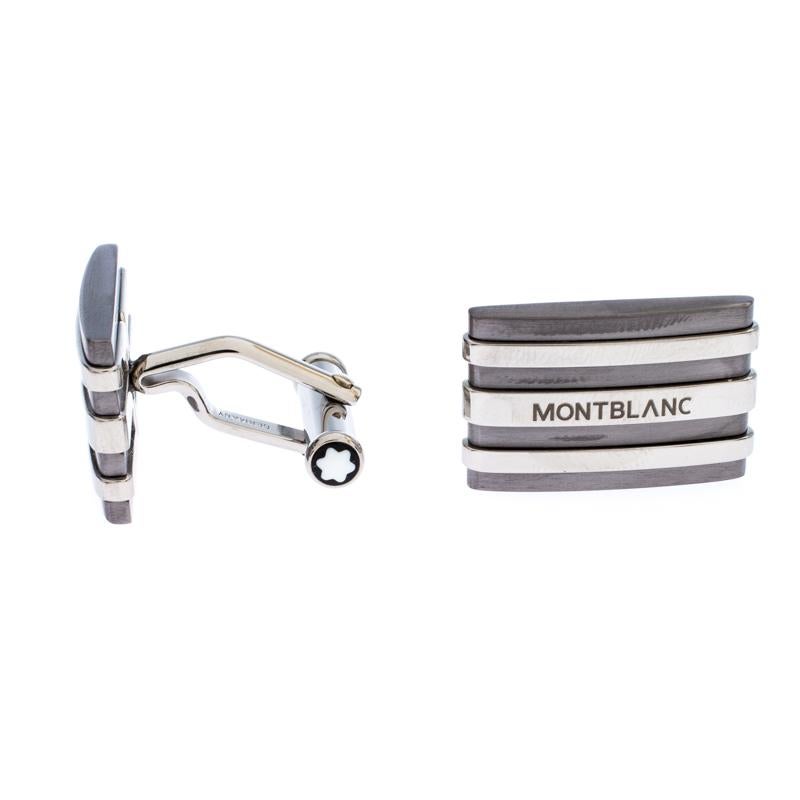 Montblanc's cufflinks are sure you to make an impression on you. The two-toned cufflinks are meticulously made from stainless steel and tantalum and they have a rectangular shape accented with a striped design along with the brand label engravings.