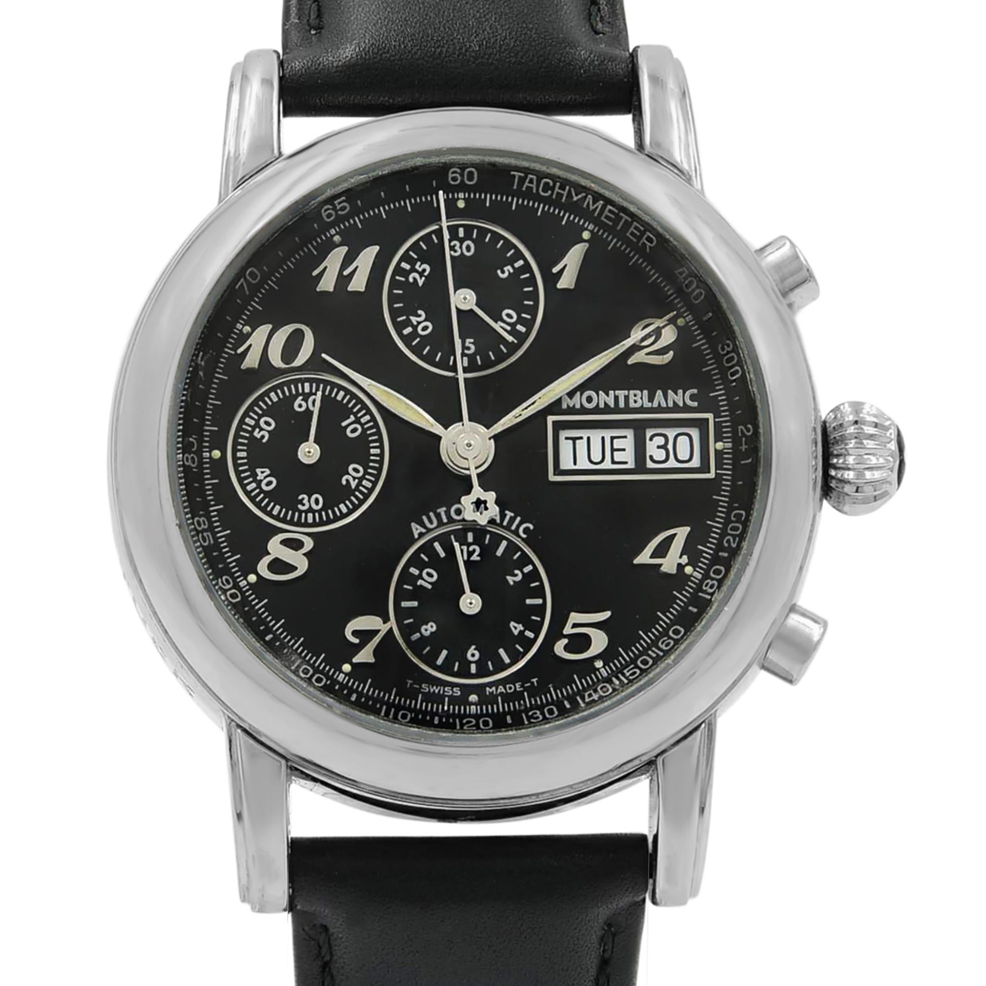 This pre-owned Montblanc Meisterstuck  8451 is a beautiful men's timepiece that is powered by an automatic movement which is cased in a stainless steel case. It has a round shape face,  dial and has hand arabic numerals style markers. It is