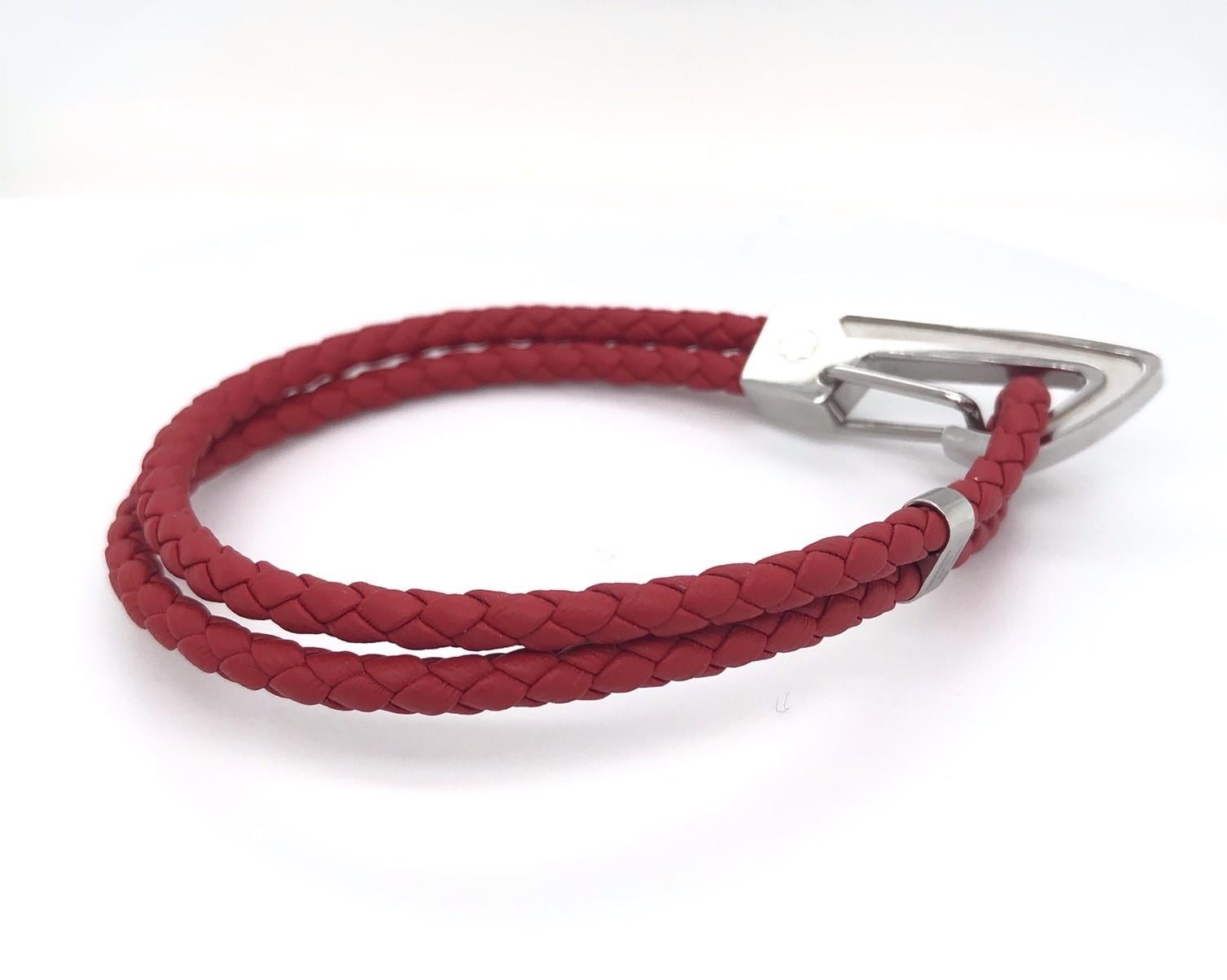 Montblanc Mens Red Woven Bracelet. This bracelet has a polished stainless steel carabiner closure. Size medium.