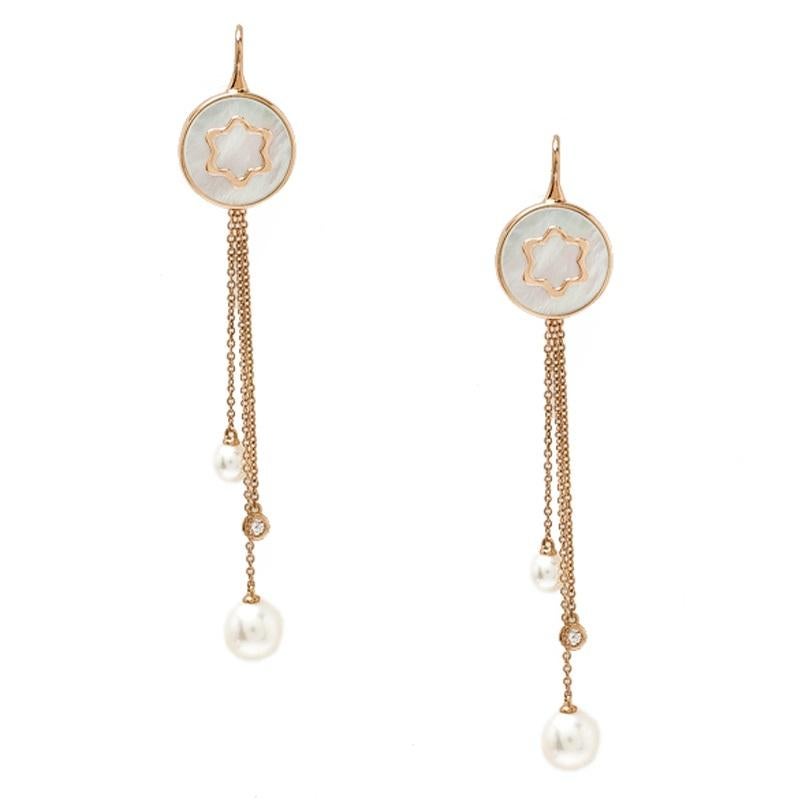 Montblanc Mother of Pearl Diamond 18k Rose Gold Drop Tassel Earrings In New Condition In Dubai, Al Qouz 2