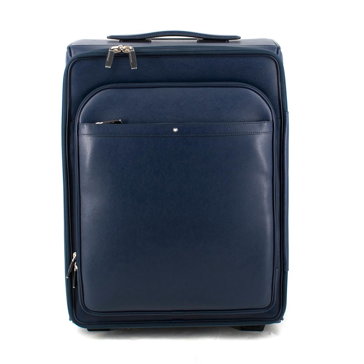 Montblanc Navy Leather Sartorial Trolley

Material: Italian split calfskin.
Lining: Jaquard lining with Montblanc brand name.
Closure/Lock: 2 Zips with kissing sliders.
Pockets: Front zipped compartment with inner pocket, zipped front pocket, zipped
