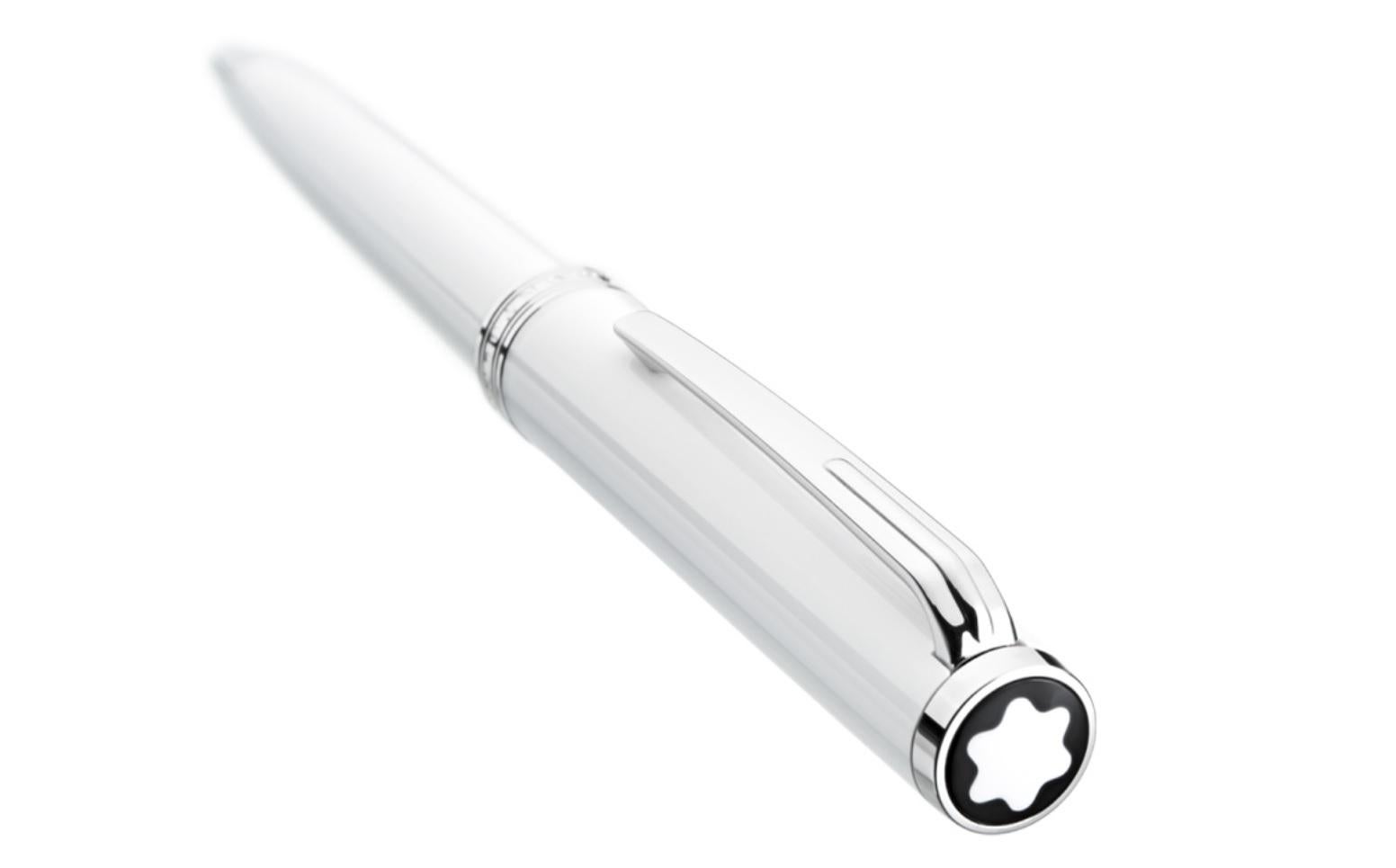 A Montblanc ballpoint pen inspired by the German Bauhaus style of architecture. It features a clean and modern silhouette, crafted in a white resin cap and barrel with platinum-coated trim and fittings.