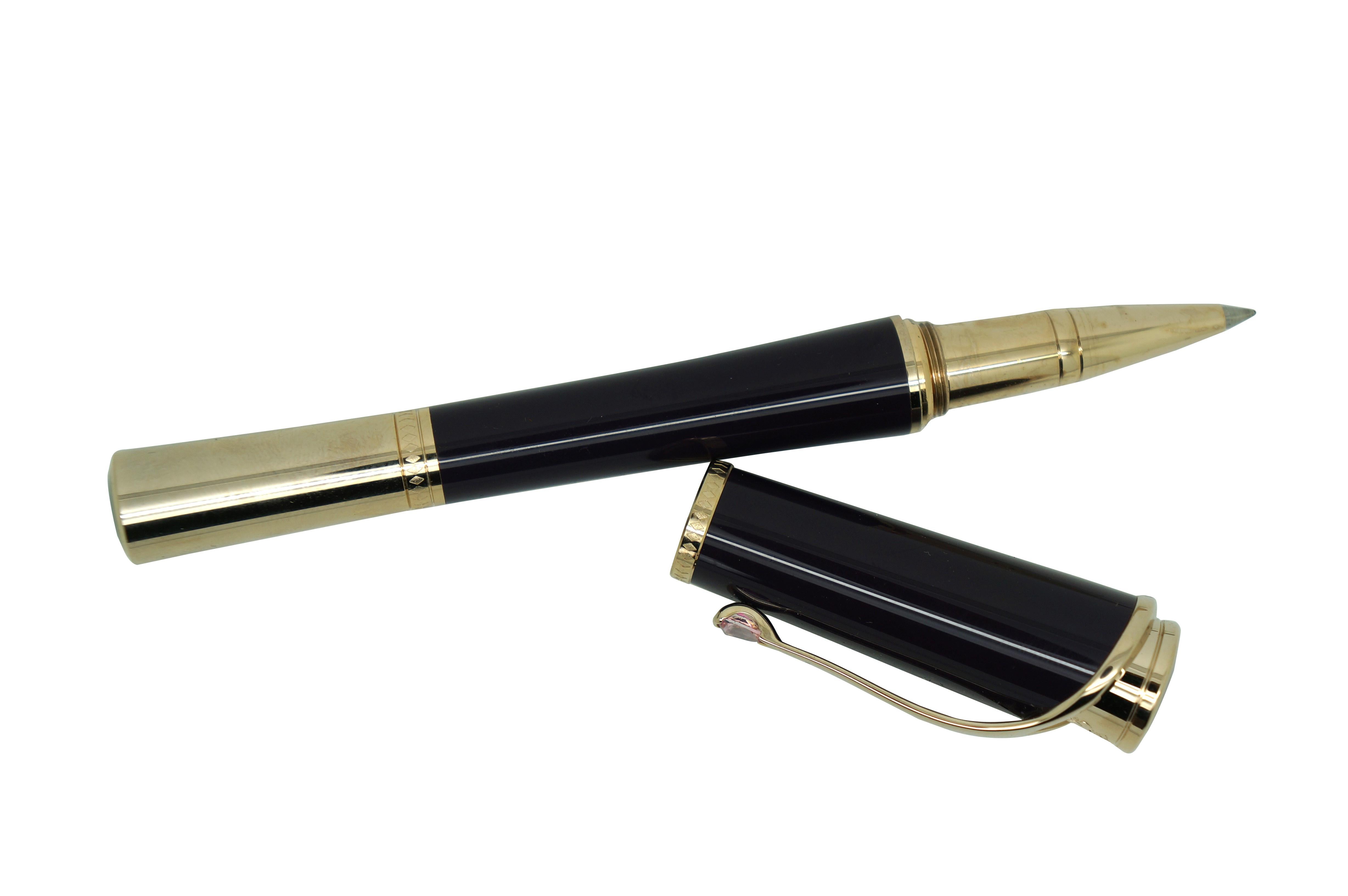 Montblanc Princesse Grace de Monaco Collection special edition ballpoint pen. Style Number: 106633 - Barrel: Royal purple precious resin - Cap, Trim, & Clip: Champagne-tone gold-plated, set with a petal-cut pink topaz (heat-treated) of approx. 0.39