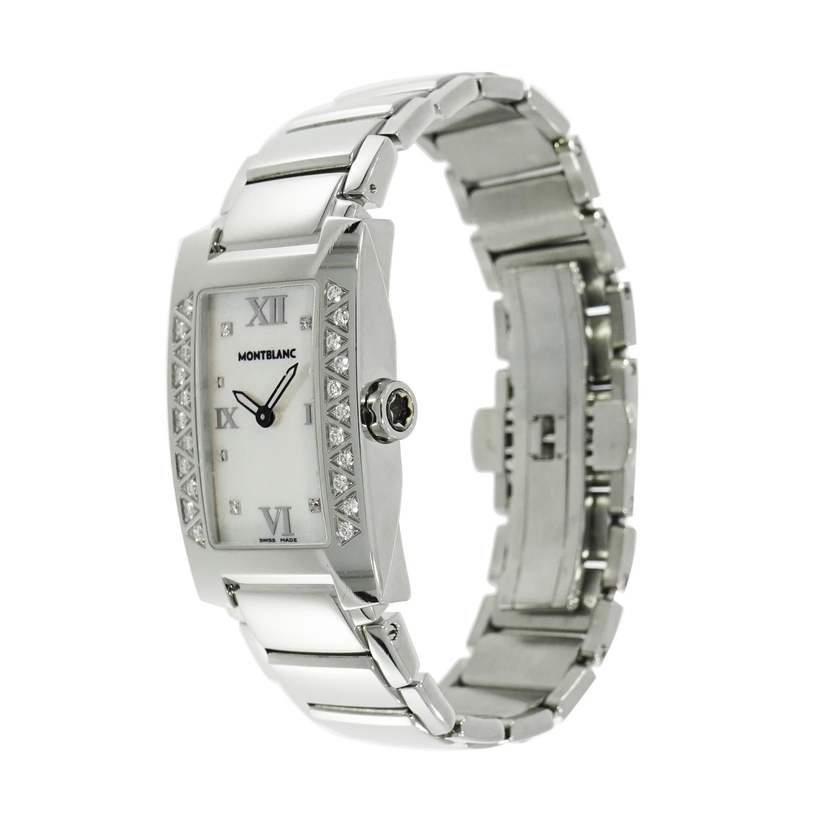 Pre-owned Lady’s Montblanc Profile Elegance, stainless steel 23.5x 35 mm case, with diamonds on the bezel, white mother of pearl dial with Roman numeral and dots hour markers, quartz  movement, on a stainless steel bracelet with butterfly clasp.