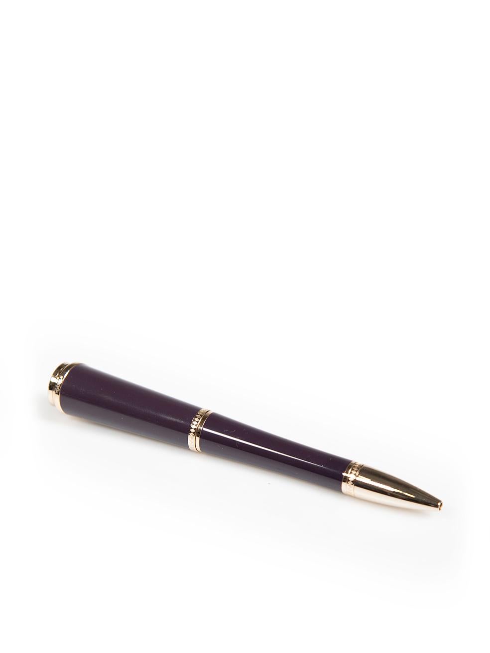 CONDITION is Very good. Hardly any visible wear to pen is evident on this used Montblanc designer resale item. This item comes with original box.
 
 
 
 Details
 
 
 Model: Princesse Grace de Monaco
 
 Purple
 
 Resin
 
 Ballpoint pen
 
 Champagne