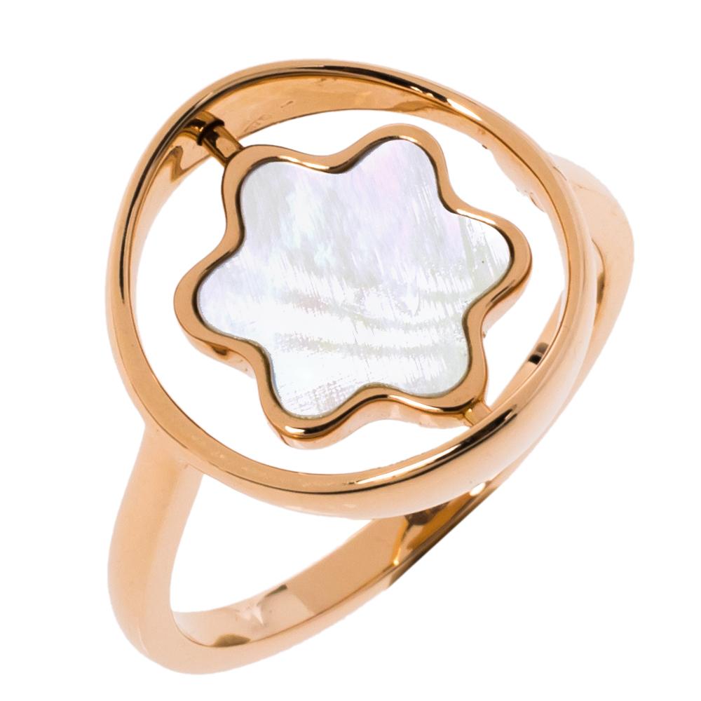 Montblanc Rotating Emblem Mother of Pearl 18K Rose Gold Ring Size 56 In Good Condition In Dubai, Al Qouz 2