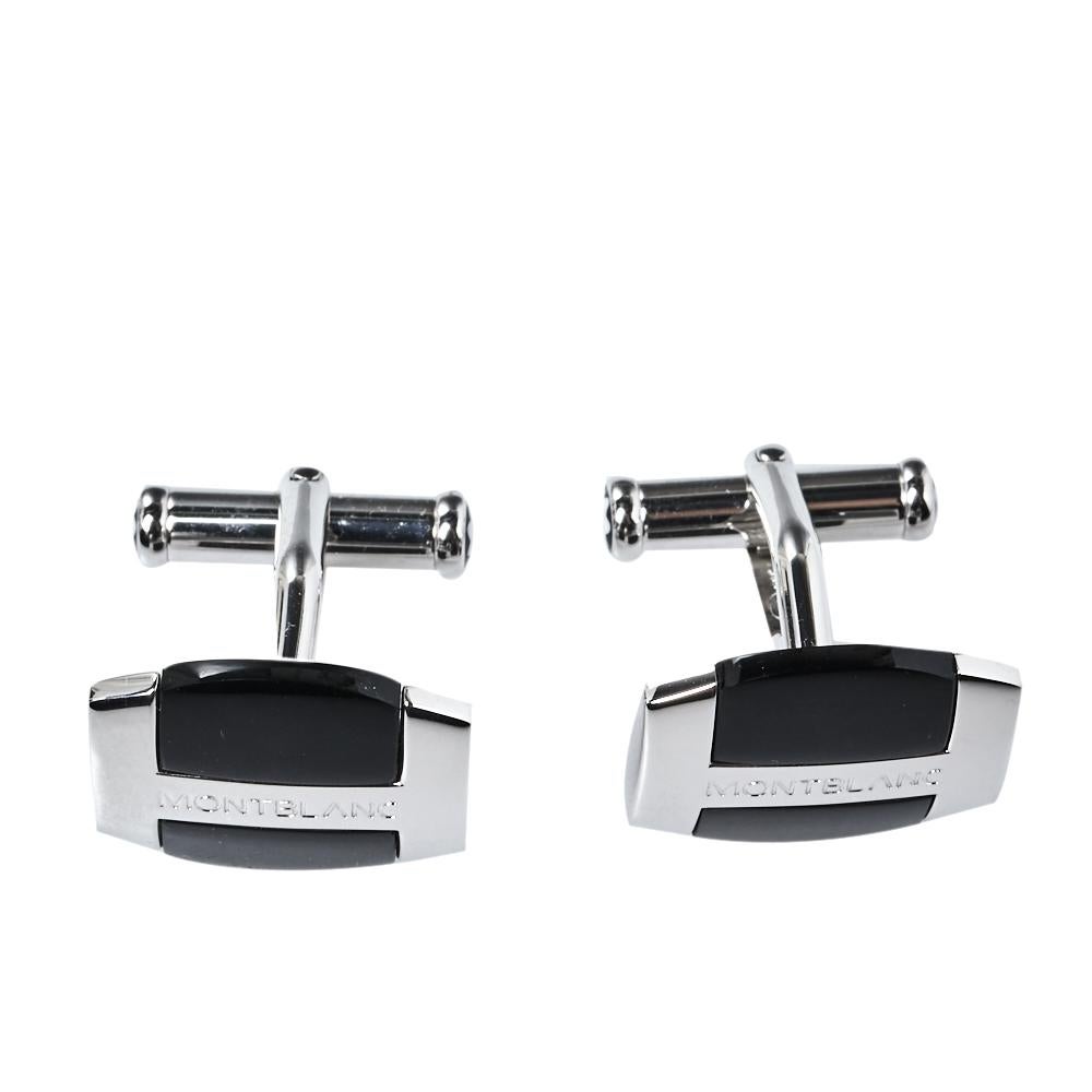 Contemporary Montblanc Silver & Black Obsidian Oval Cufflinks