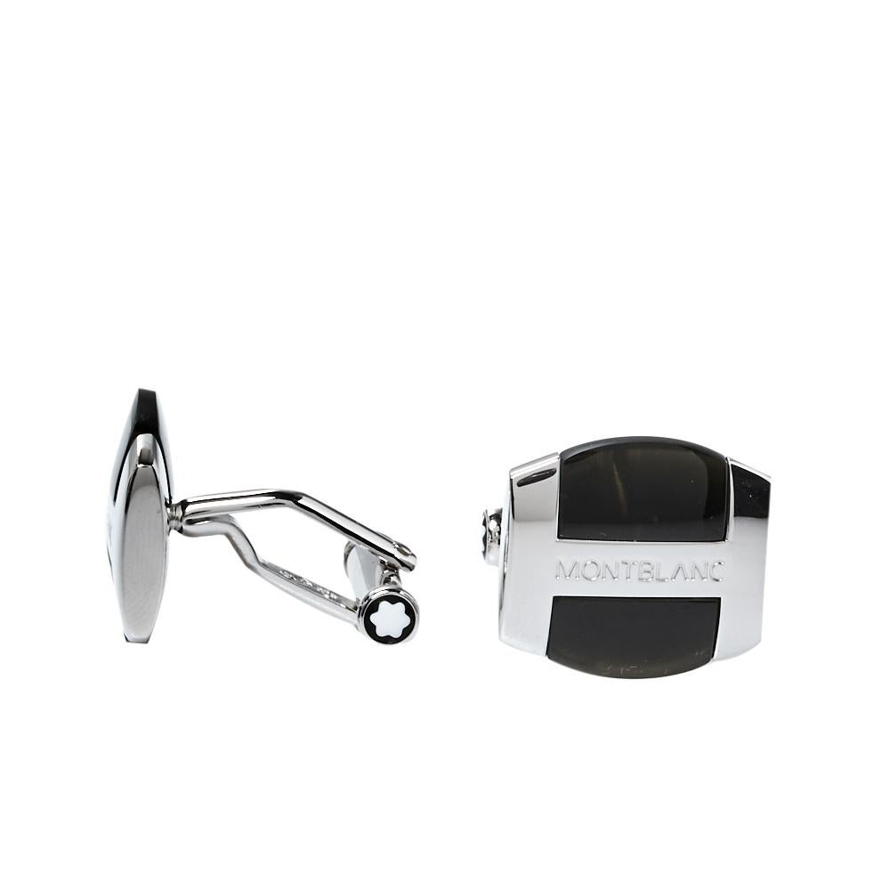 Men's Montblanc Silver & Black Obsidian Oval Cufflinks