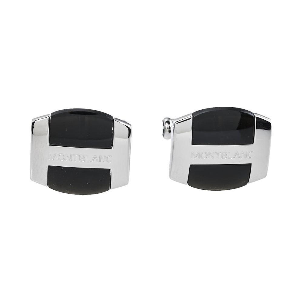 Montblanc Silver & Black Obsidian Oval Cufflinks
