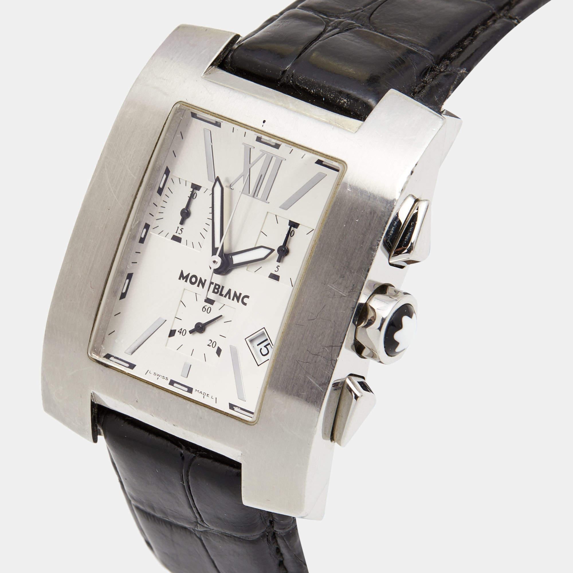 Montblanc Silver Stainless Steel Leather Profile 7049 Men's Wristwatch 34 mm In Fair Condition In Dubai, Al Qouz 2