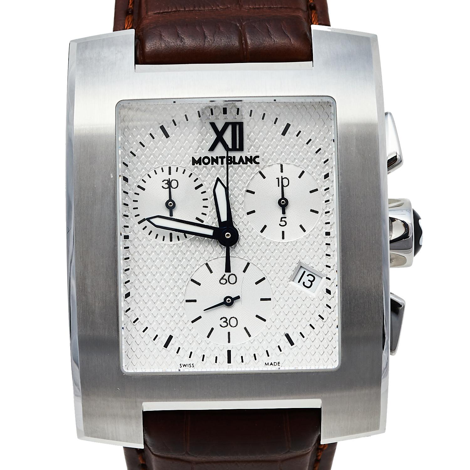 Contemporary Montblanc Silver Stainless Steel Leather Profile XL 101560 Men's Wristwatch 33 m