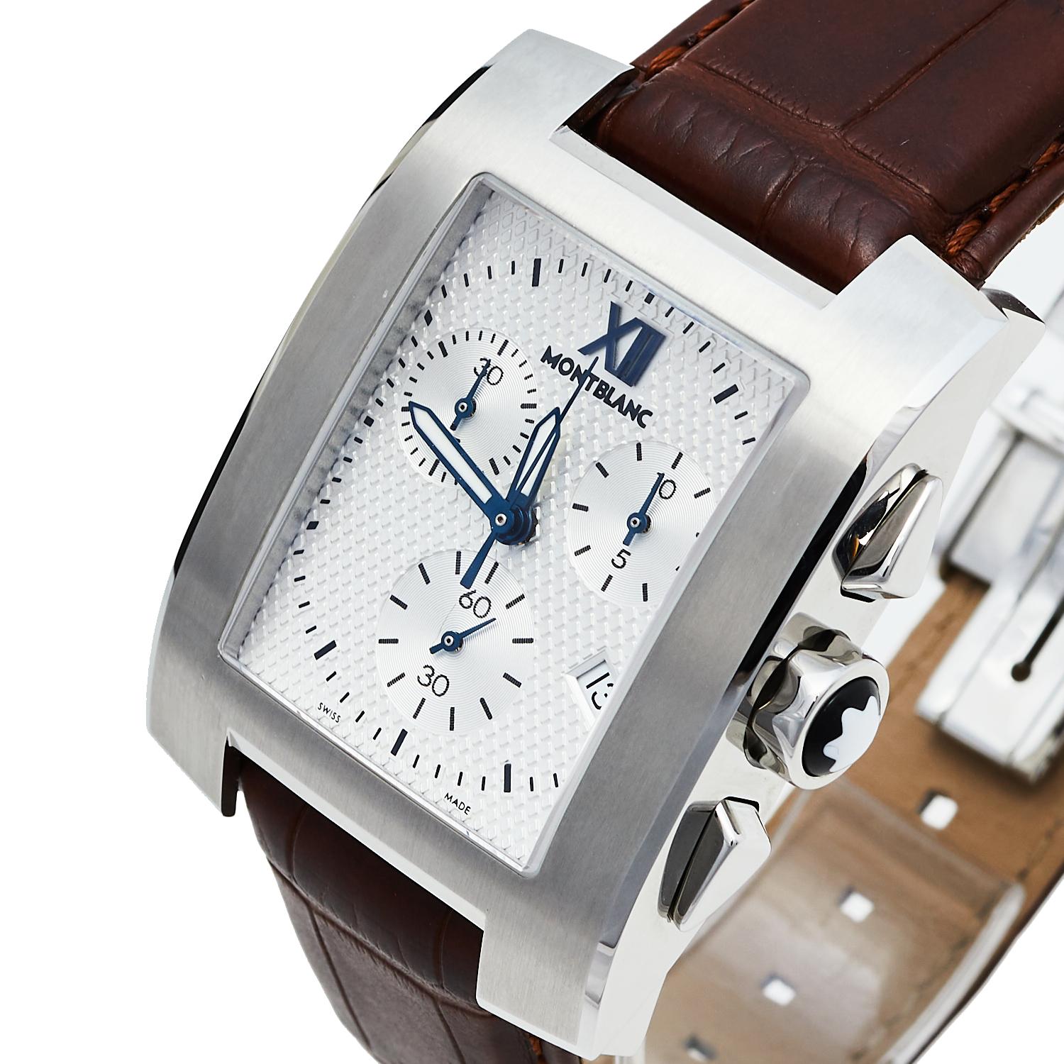 Montblanc Silver Stainless Steel Leather Profile XL 101560 Men's Wristwatch 33 m In Excellent Condition In Dubai, Al Qouz 2