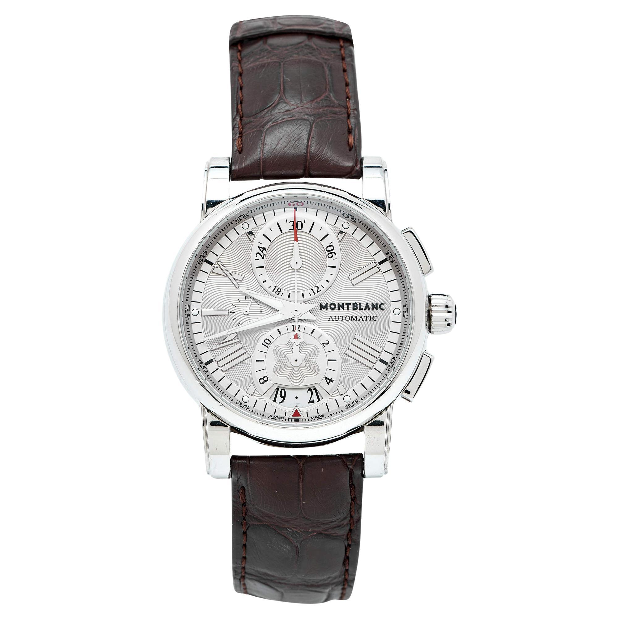 Montblanc Silver Stainless Steel Leather Star 7104 Men's Wristwatch 44 mm