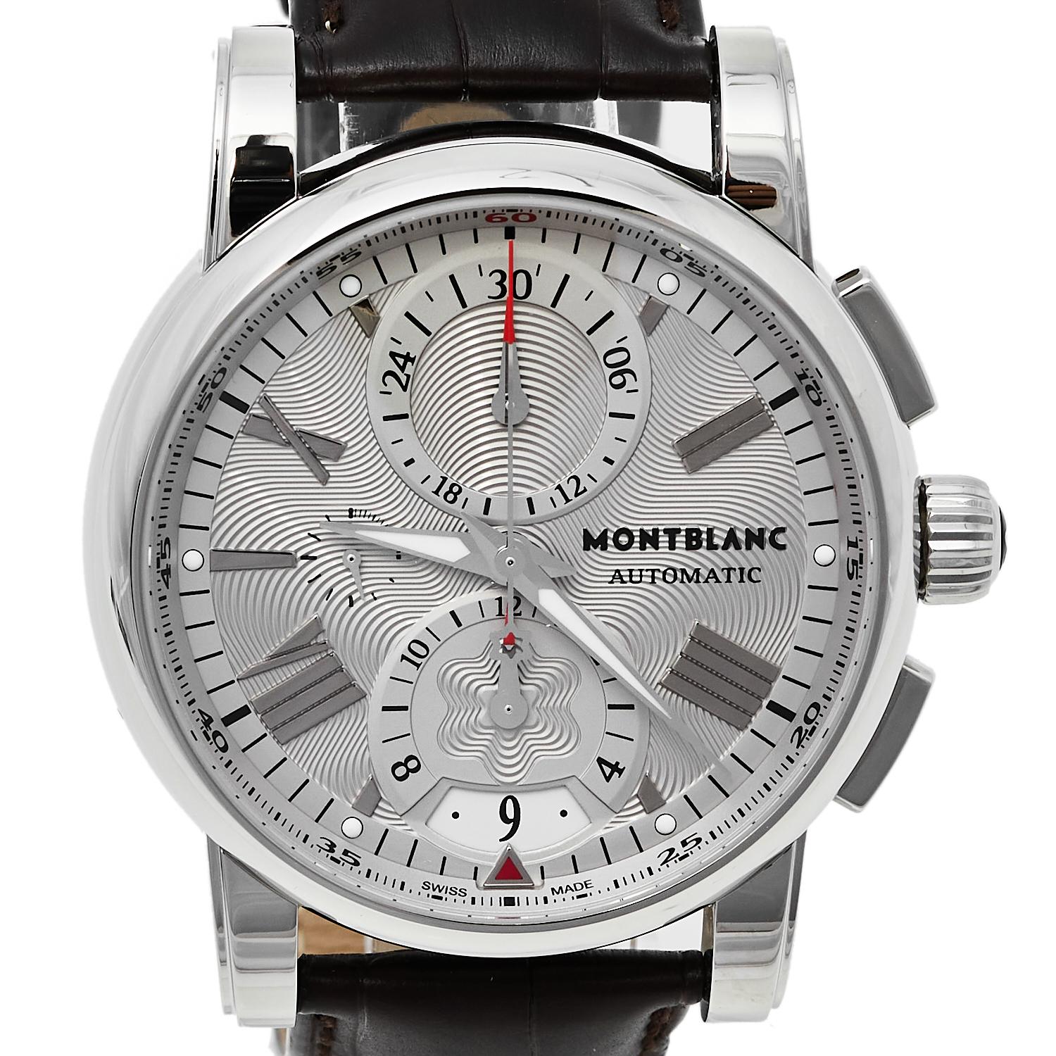 Montblanc Silver Stainless Steel & Leather Star Automatic Men's Wristwatch 44 mm In New Condition In Dubai, Al Qouz 2