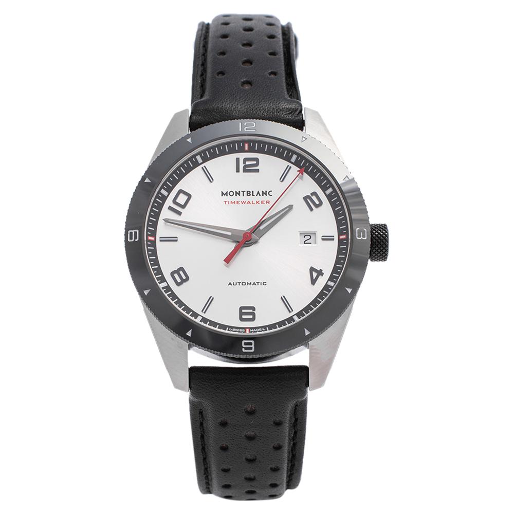 Montblanc Silver Stainless Steel Leather Timewalker 7426 Men's Wristwatch 41 mm