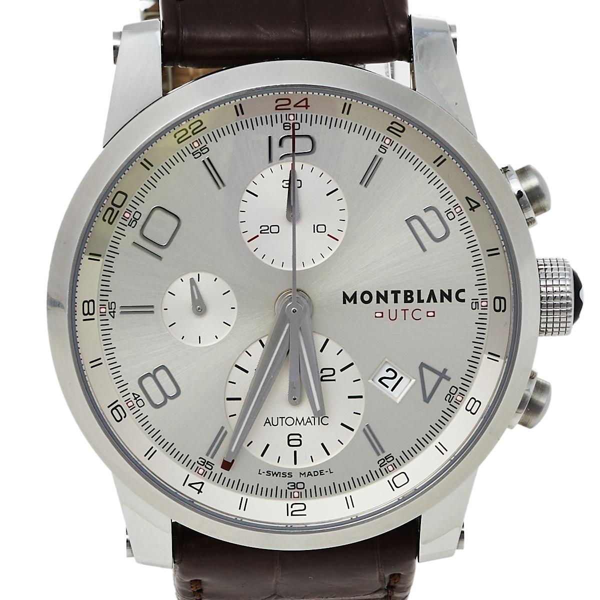 Contemporary Montblanc Silver Stainless Steel Timewalker Chronograph 7263 Men's Wristwatch 43