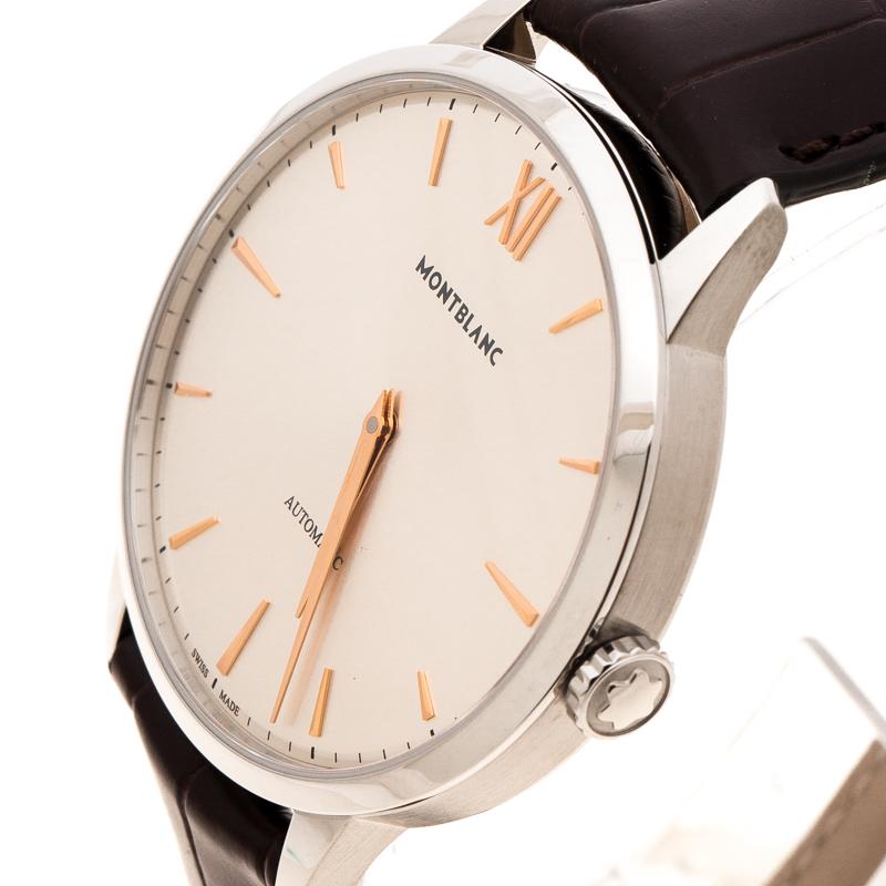 Simplicity is the ultimate sophistication and this Montblanc Heritage Spirit 7299 wristwatch embodies just that. Crafted from stainless steel, this marvellous watch has a case diameter of 41 mm and flaunts a lovely white dial with two hands, index