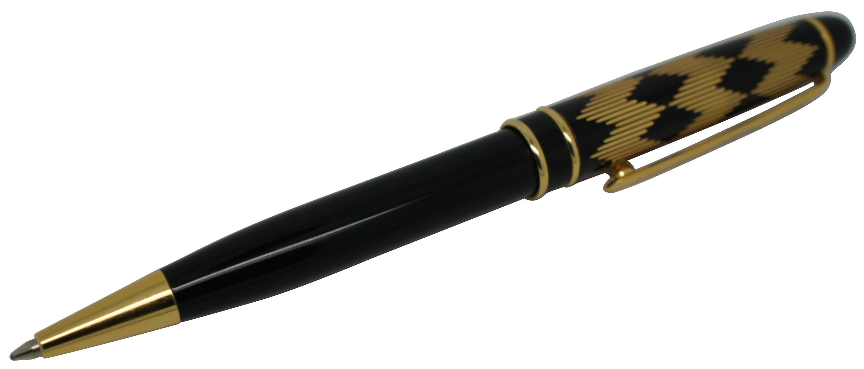 Vintage Montblanc Solitaire ballpoint pen in black with a gold hatch mark diamond pattern on the barrel.
 