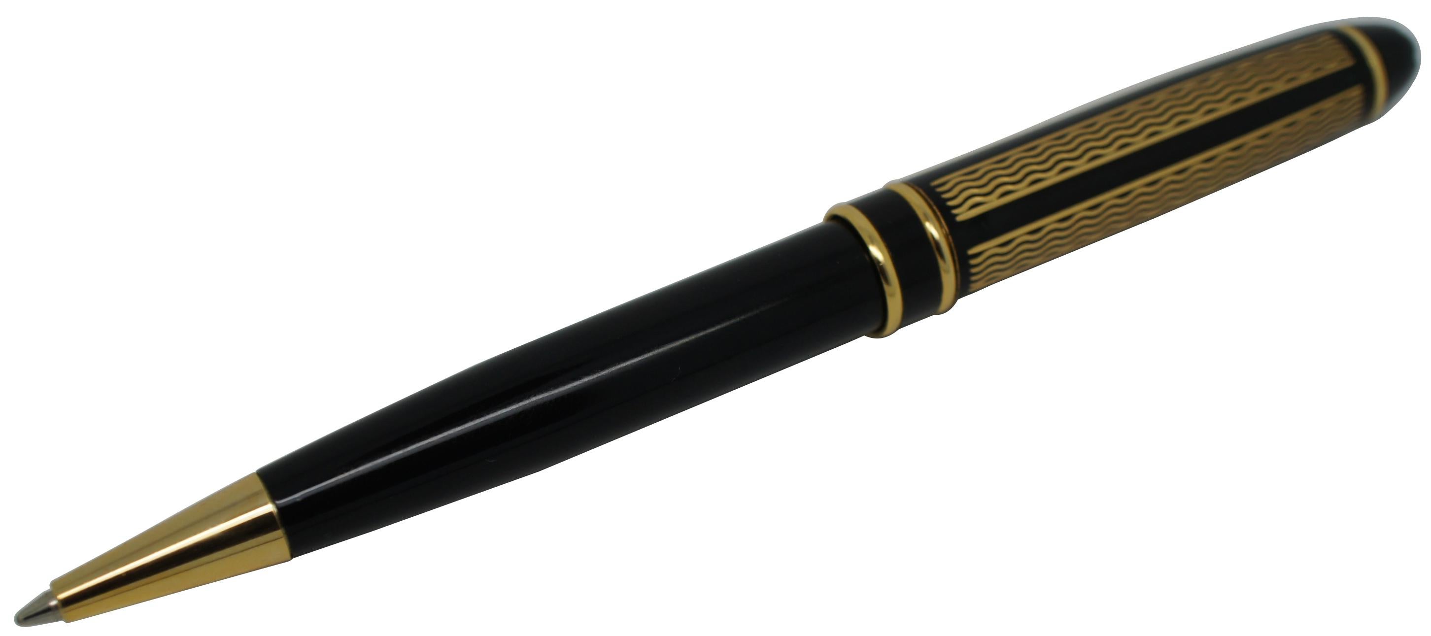 Vintage Montblanc Solitaire ballpoint pen in black with a gold wavy stripe pattern on the barrel.
   