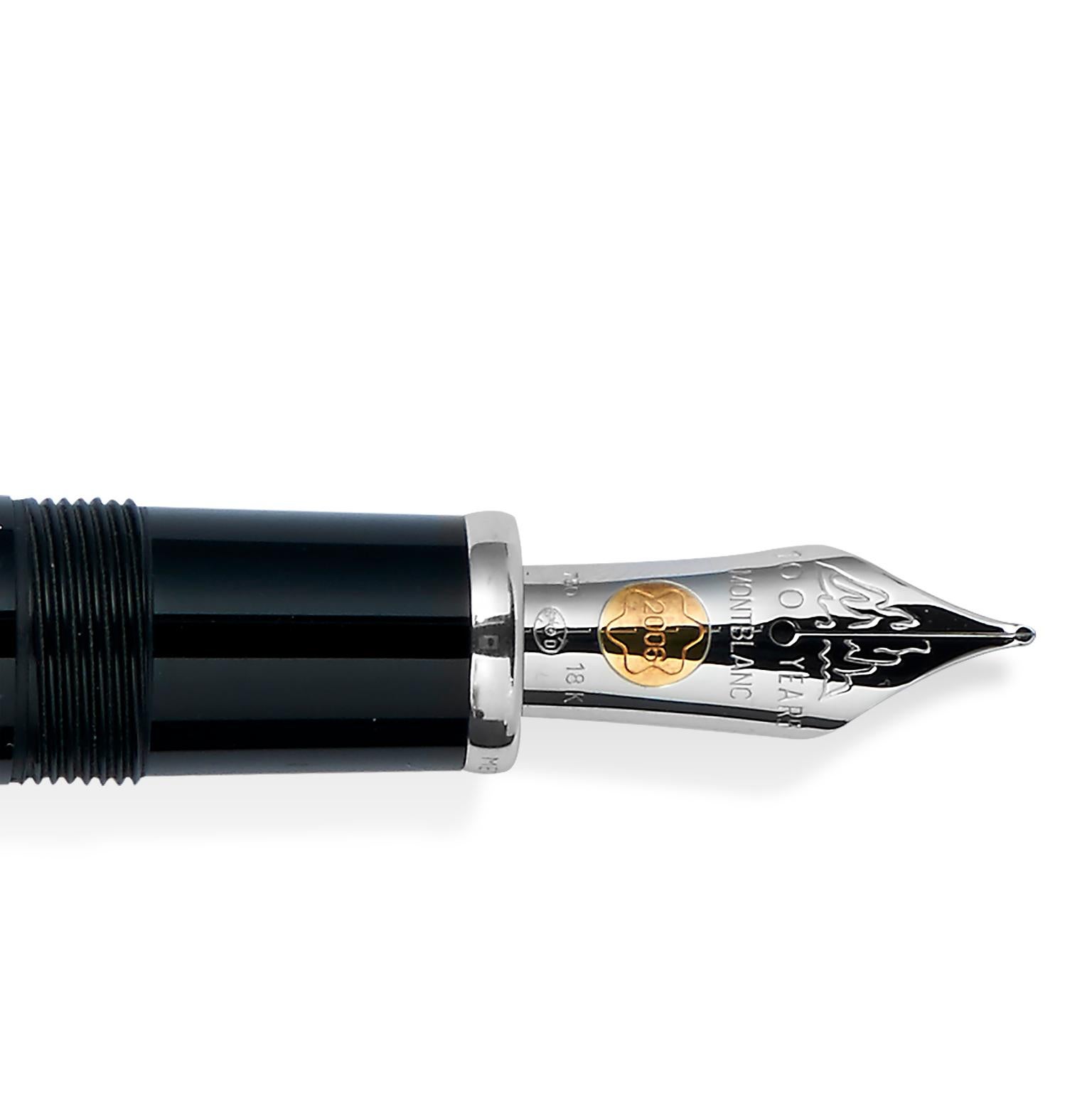 This limited edition fountain pen was released in 2006 to celebrate Montblanc's 100th anniversary. It features a smooth sterling silver barrel with a granite cap. The cap top is set with a large top Wesselton diamond cut in the shape of the