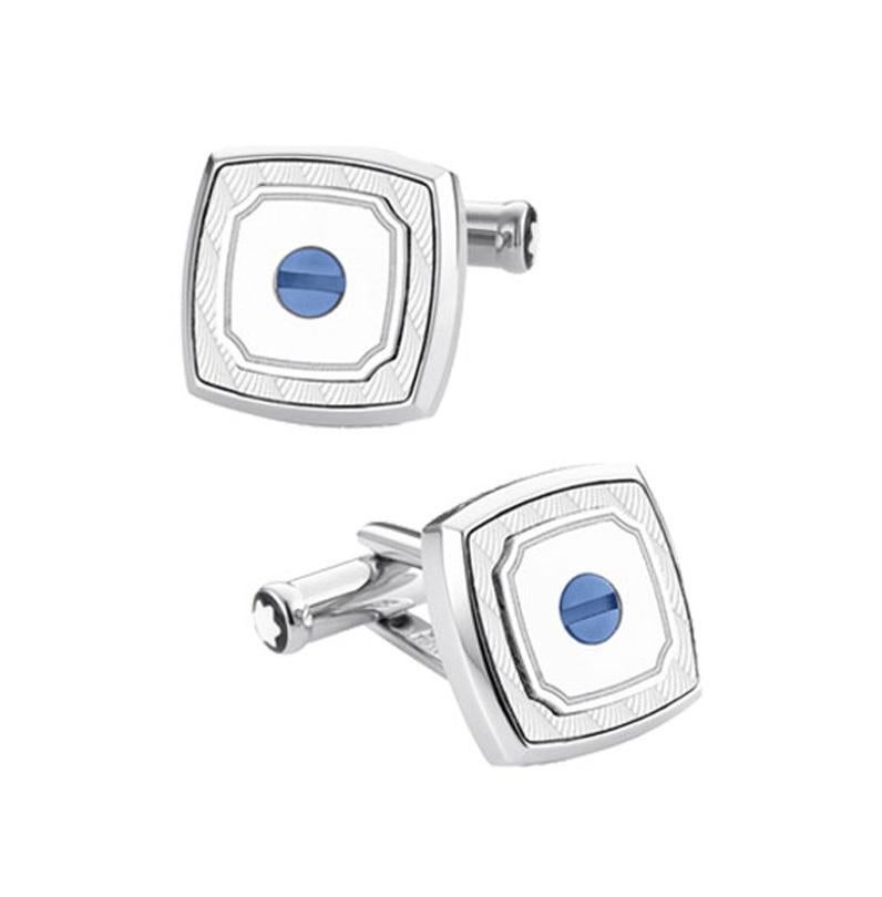 Montblanc Square Cufflinks  Created in polished finish stainless steel with a special engraving pattern. Blue PVD screw details in the centre. 
107584
