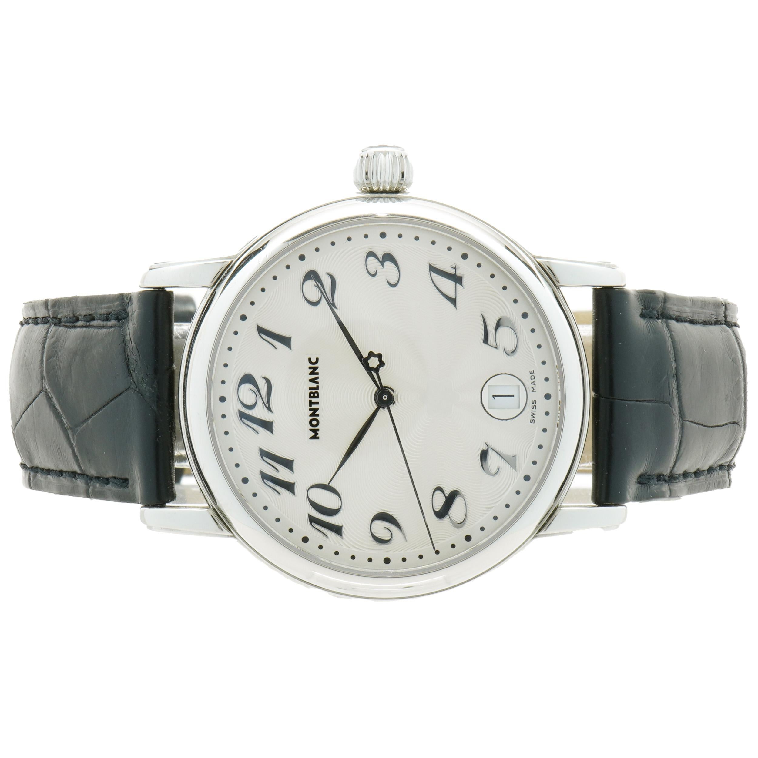 Movement: quartz
Function: hours, minutes, second, date
Case: 36mm round stainless steel case, sapphire protective crystal, screw-down crown
Band: MontBlanc black leather strap, buckle
Dial: silver arabic
Reference #: 7042
Serial #: