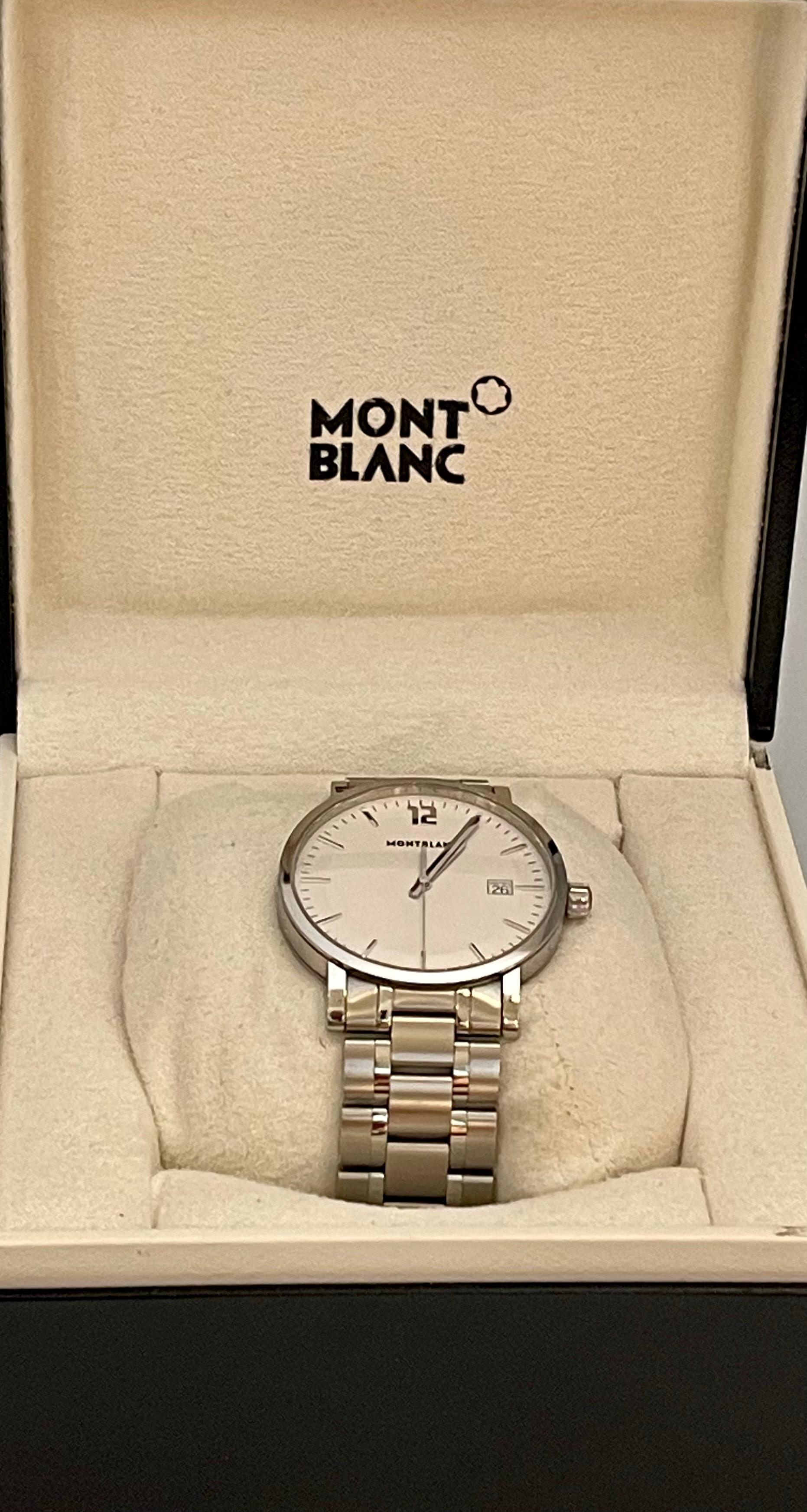 
Montblanc Stainless Steel Silver Dial 38MM Men's Watch 7093, Summit 113493 ,Box 
White 
 Pre-Owned but in excellent condition ,
Comes with Box and Manuals
Gender: men's
Stainless steel case with a stainless steel bracelet. Fixed stainless steel
