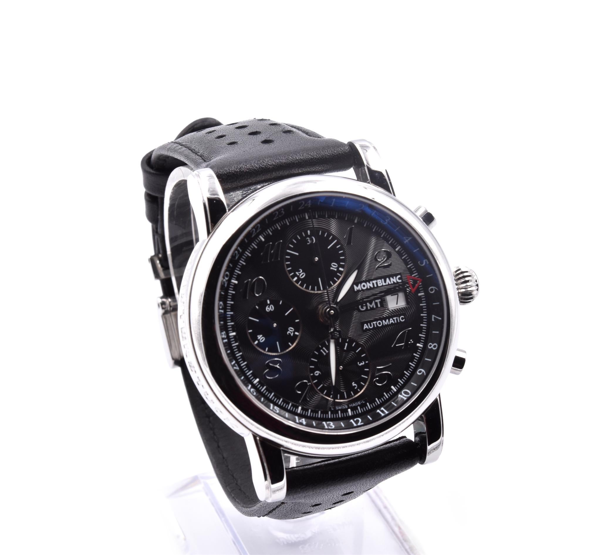 Movement: automatic
Function: hours, minutes, small seconds, date, chronograph, GMT
Case: 42mm stainless steel case, sapphire protective crystal, screw-down crown
Band: stainless steel bracelet with folding clasp
Dial: black chronograph dial, three