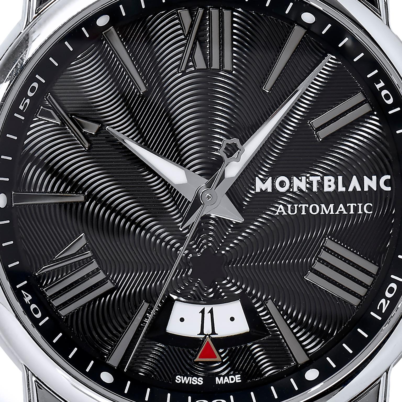 41.5mm stainless steel case, sapphire crystal back, non-screw crown with 1 o-ring, domed sapphire crystal with anti-reflective coating, black guilloché dial, automatic Montblanc movement, approximately 42 hours of power reserve with triple-folding