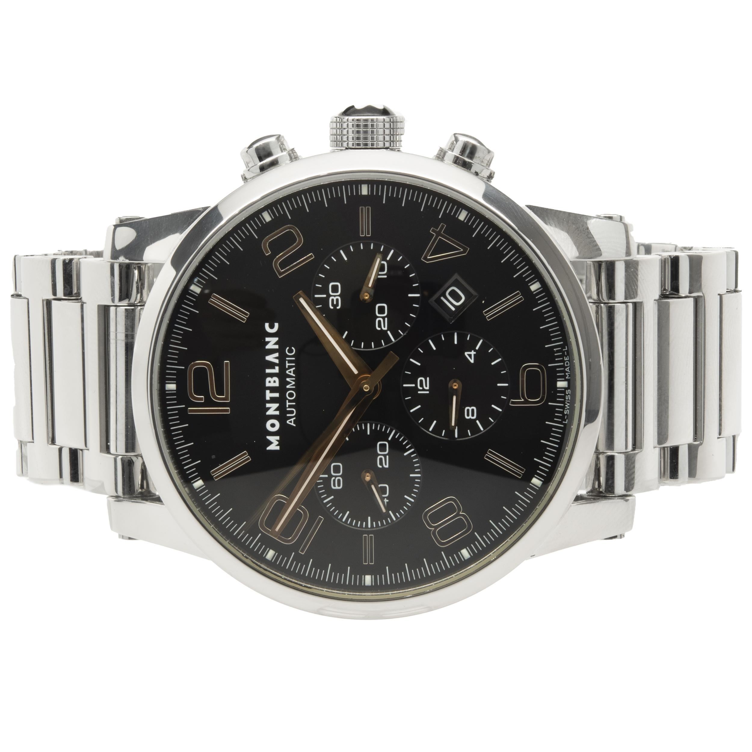 Movement: automatic
Function: hours, minutes, second, date, chronograph
Case: 43mm round stainless steel case, sapphire protective crystal, screw-down crown
Band: stainless steel bracelet, deployment butterfly clasp
Dial: black chronograph dial,
