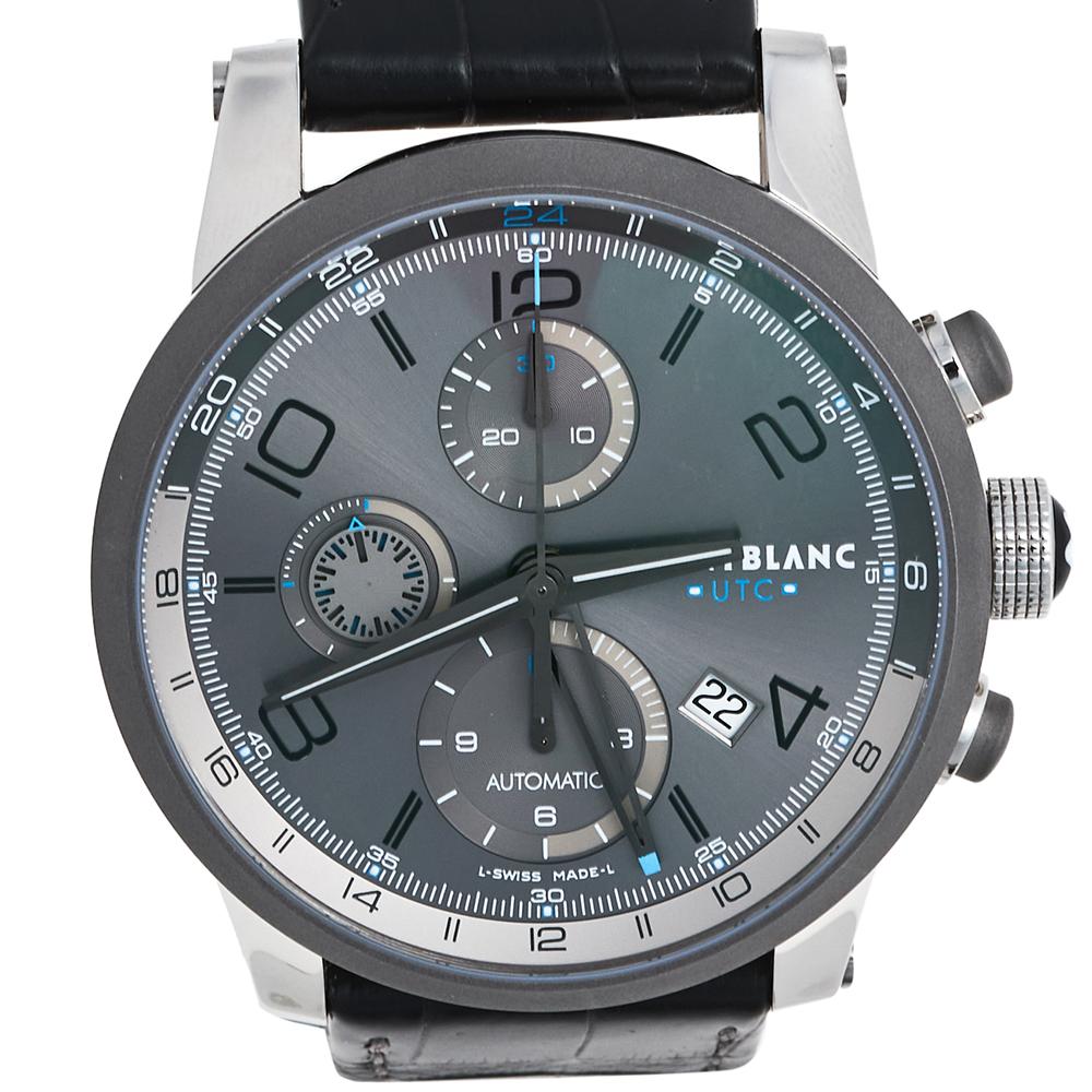 Contemporary Montblanc Stainless Steel Titanium Leather ChronoVoyager Men's Wristwatch 43 mm