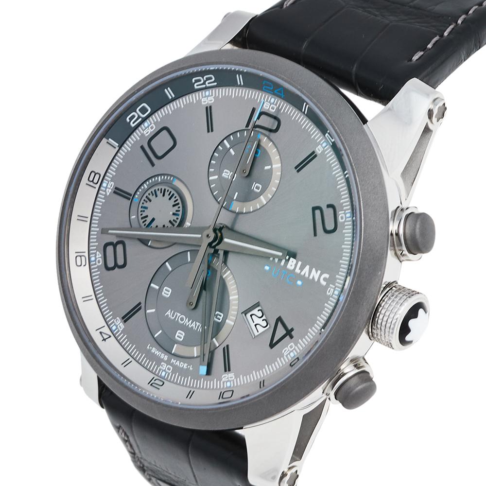 Montblanc Stainless Steel Titanium Leather ChronoVoyager Men's Wristwatch 43 mm In New Condition In Dubai, Al Qouz 2