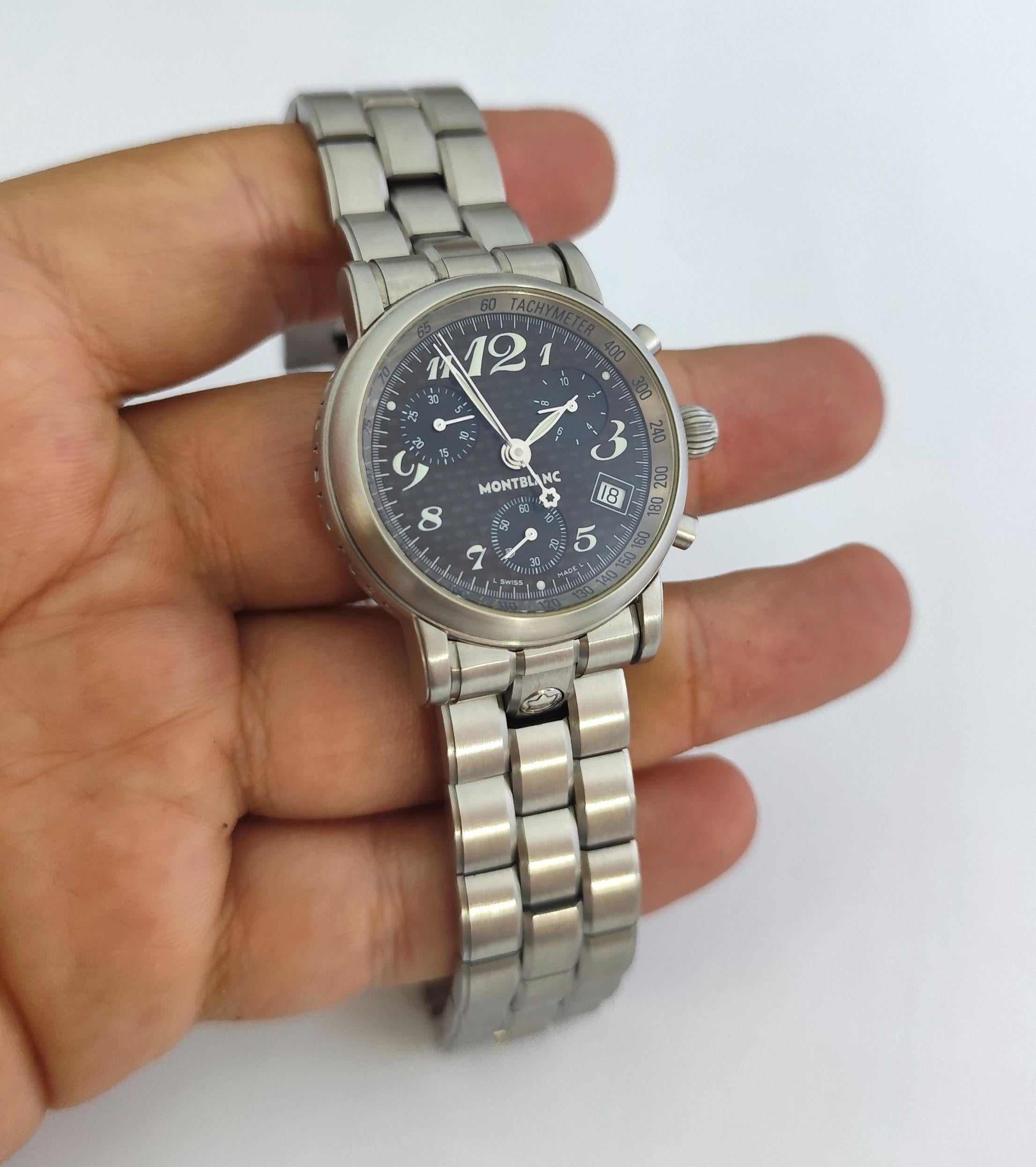  Descripción
Marca : Montblanc

Model No: Estrella Meisterstuck

Número de referencia : 7038

Características : Cristal de zafiro . Resistente al agua: 30 m . Cronógrafo

País de fabricación: Suiza

Movimiento: Cuarzo

Material de la caja: Acero