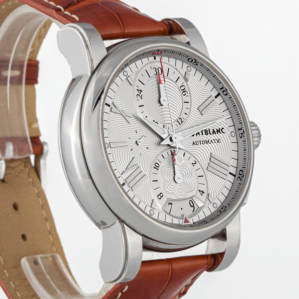 This chronograph and calendar piece is unique in that it features a guilloché dial, a decorative engraving technique in which a complex, repeating design pattern is mechanically engraved into an underlying material with great precision and detail.