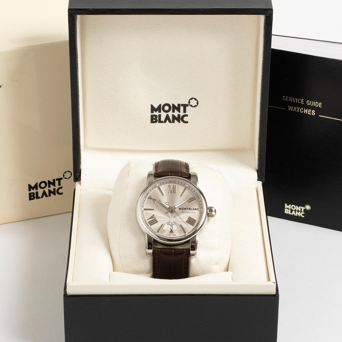 Presented in as new condition, our classic Montblanc Starwalker features a 42mm stainless steel case with leather strap and bi folding deployant clasp. A complete set, our reference 7102 comprises inner and outer box (with serial sticker),