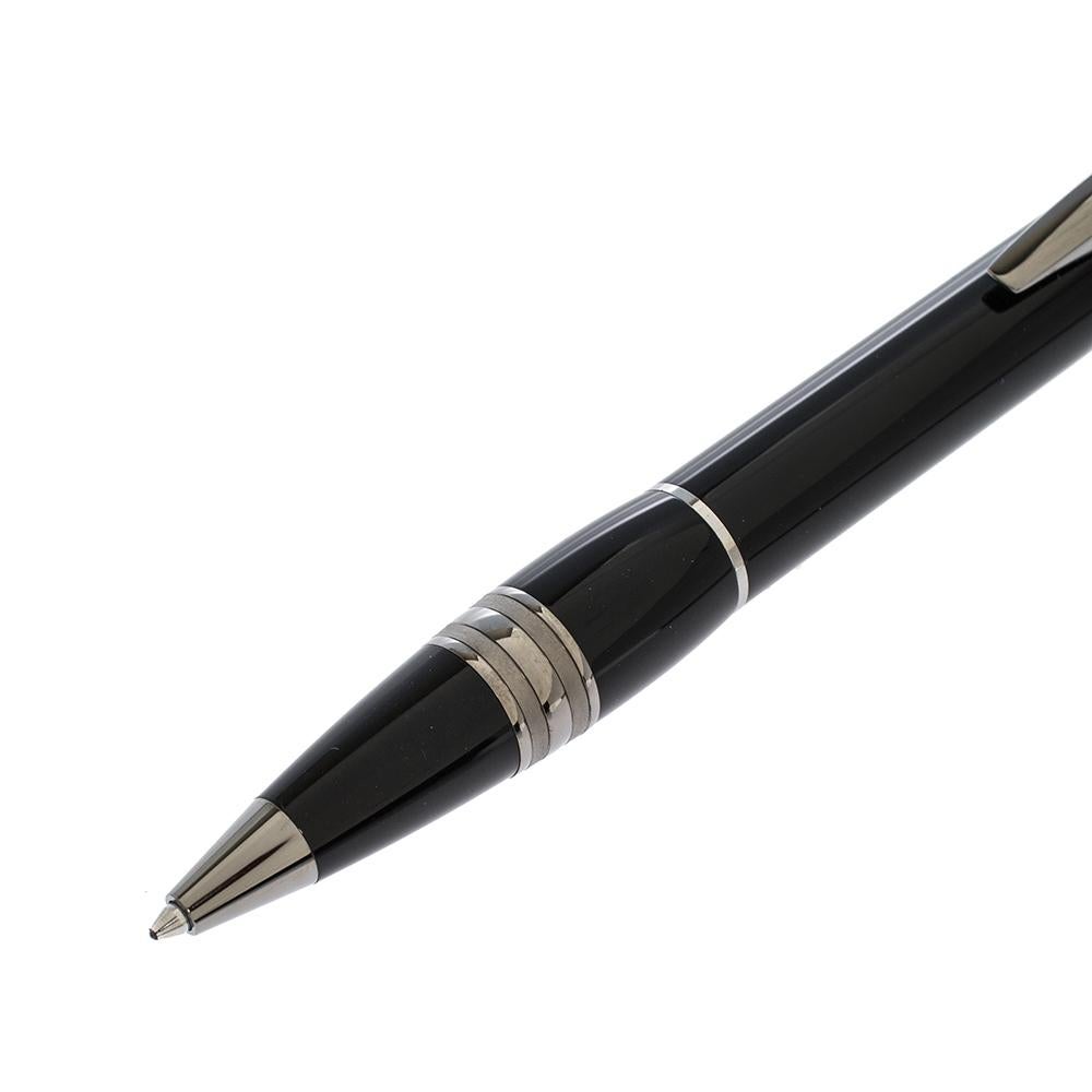 Montblanc brings you this lovely StarWalker Ballpoint pen that has been made from resin and fitted with ruthenium-coated metal accents. The cap comes with a pocket clip and the star logo on the top of the cap. Black in color, the pen is a creation
