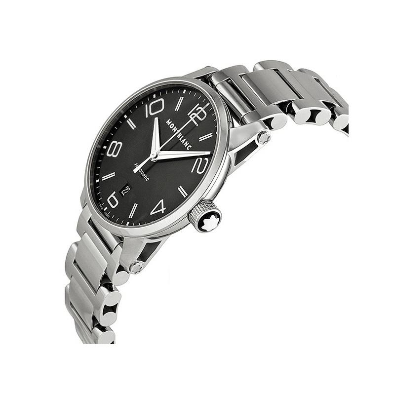 Stainless steel case with a stainless steel bracelet. Fixed stainless steel bezel. Black dial with silver-tone hands and alternating stick and Arabic numeral hour markers. Minute markers around the outer rim. Dial Type: Analog. Luminescent hands.