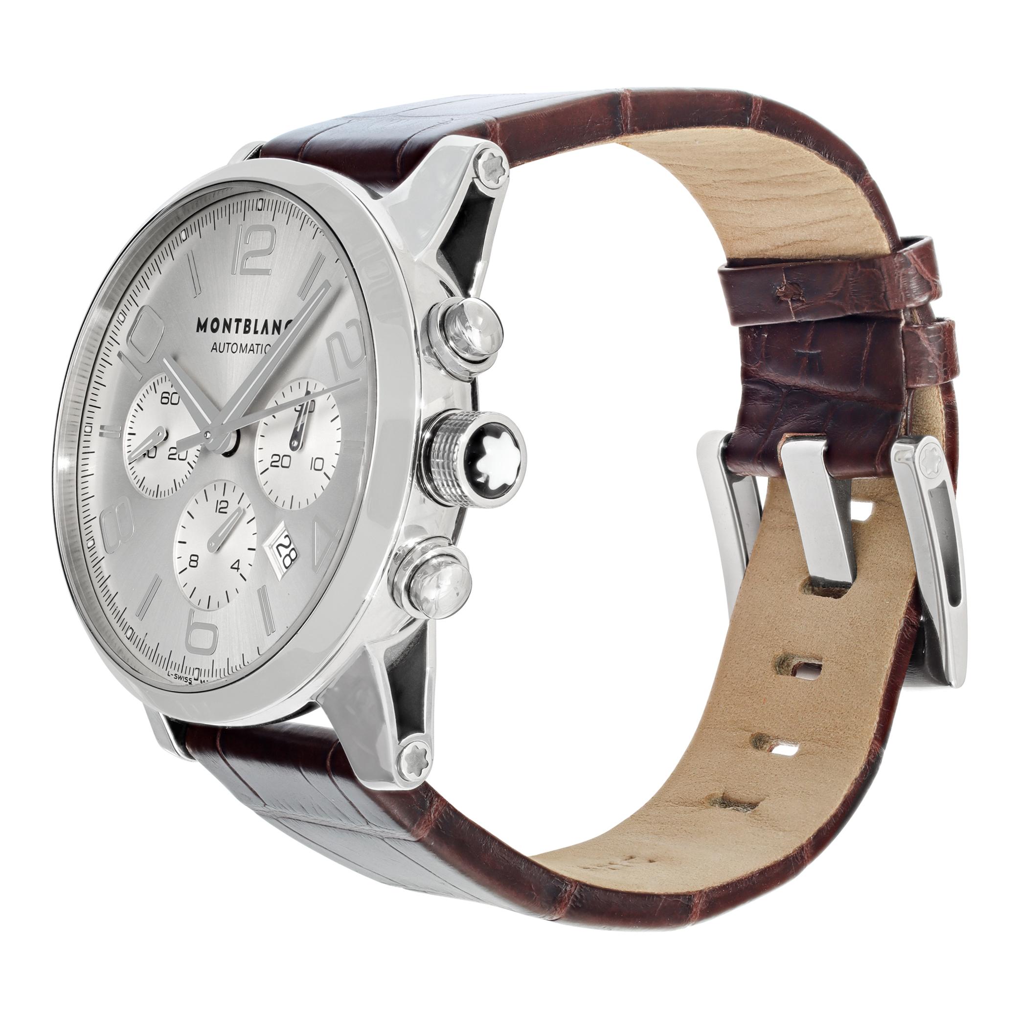 MontBlanc TimeWalker in stainless steel on a brown crocodile strap with original steel tang buckle. Auto, chrono with date and sub-seconds. 43 mm case size. Ref 7069. Fine Pre-owned MontBlanc Watch.

 Certified preowned Sport MontBlanc TimeWalker