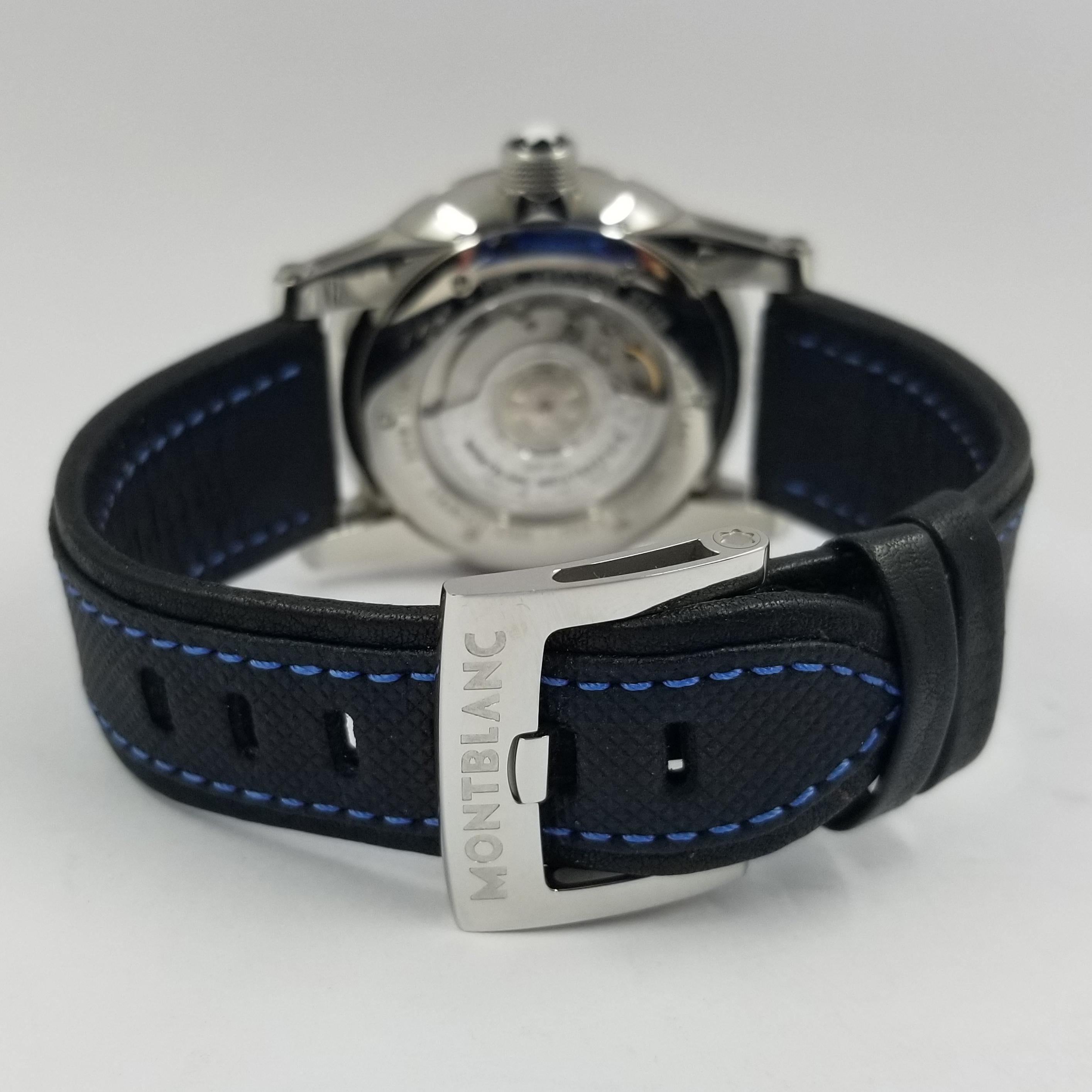NEW Montblanc Wristwatch in Stainless Steel
$3,600 MSRP
Timewalker Collection Automatic Watch with UTC & Date Functions
43MM Case with Black Dial (blue and silver indicators)
Scratch resistant Sapphire Crystal
Black Leather Strap with Blue Stitching