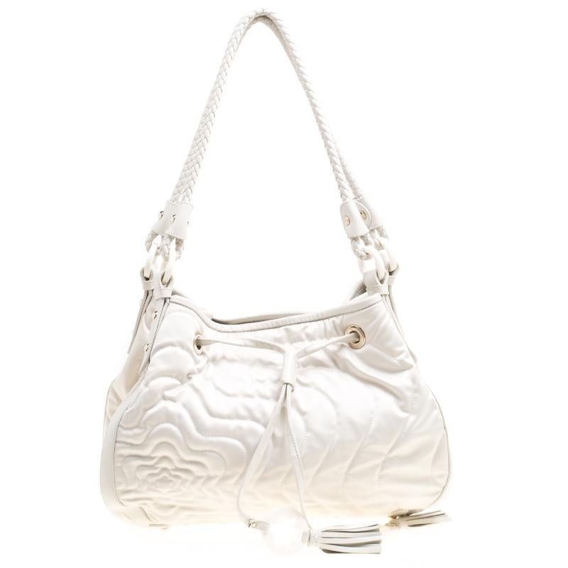 Montblanc White Nylon and Leather Starisma Dalila Drawstring Hobo