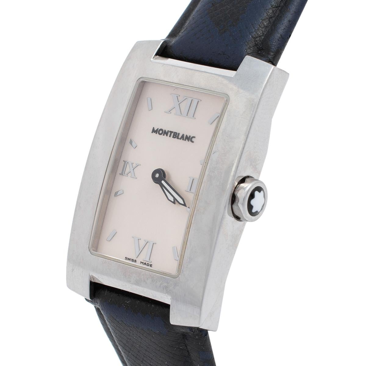 Feel in style with this Montblanc watch, designed to radiate immense elegance and femininity. Made from stainless steel, its rectangular bezel surrounds a white dial. The black leather bracelet adds to its beauty and the buckle closure ensures a