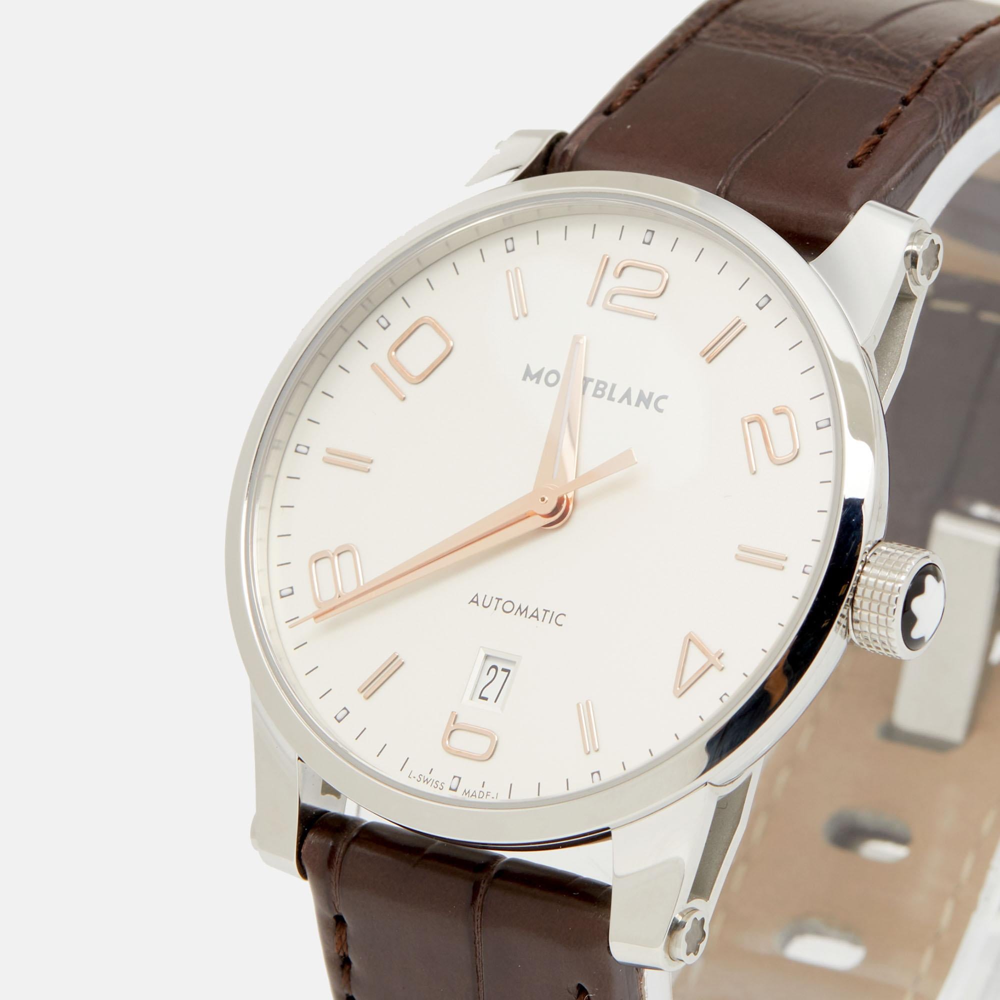 Montblanc White Stainless Steel Leather Timewalker 110340 Men's Wristwatch 39 mm 3