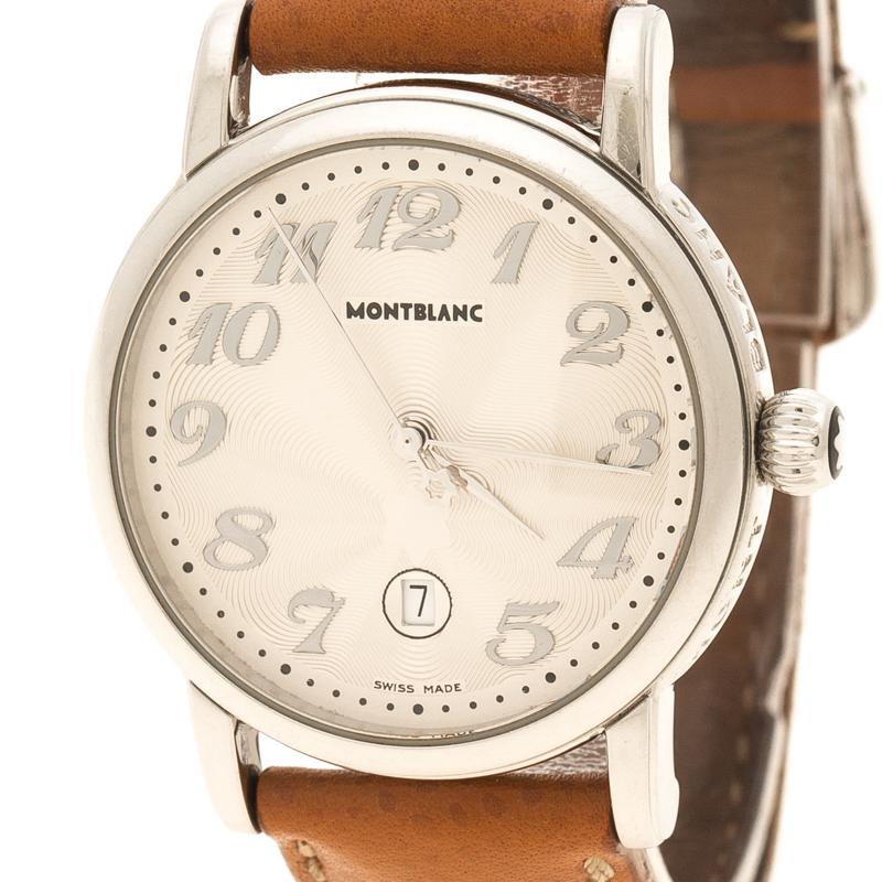 Awaiting to be yours is this stunner of a watch from Montblanc! Crafted with beauty using stainless steel, the Quartz watch is held by leather straps. It brings a white dial that has Arabic numeral hour markers and three hands to help tell time.
