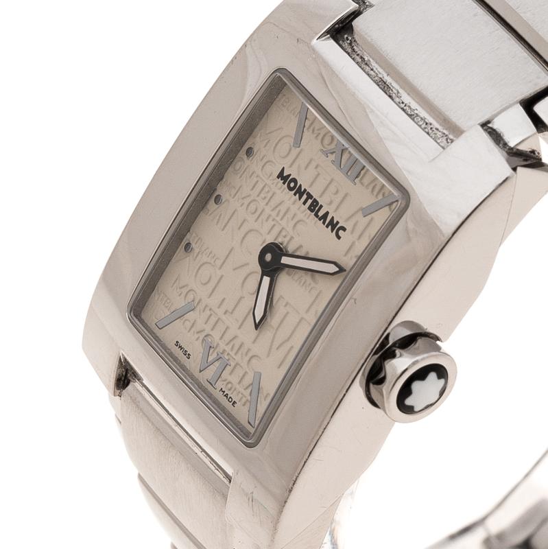 Montblanc's Profile wristwatch constructed in silver stainless steel is both chic and sophisticated, ideal to complement a variety of your looks. It features a case diameter of 23mm and comes with a white, monogrammed dial that is equipped with